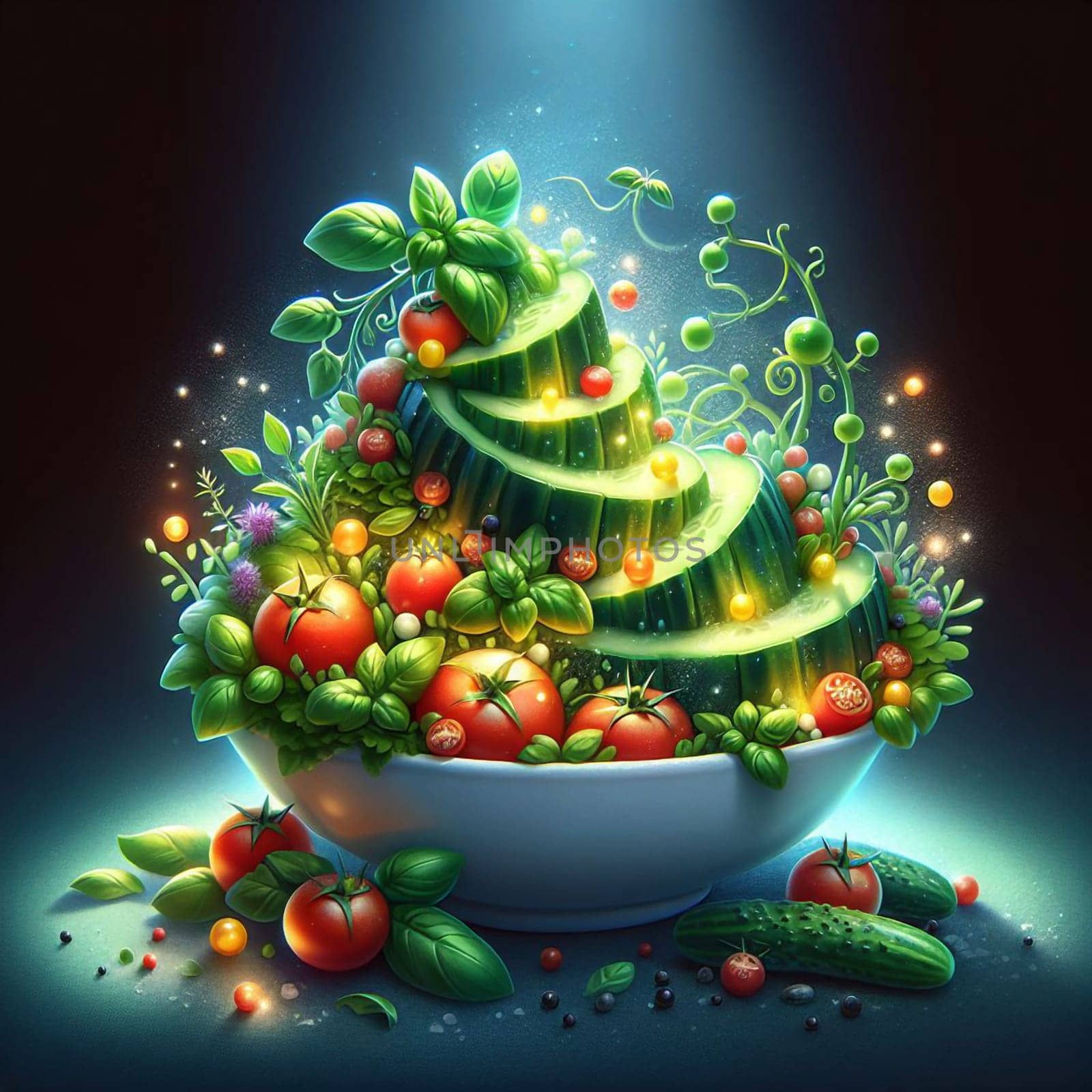 A bowl of sliced cucumbers, tomatoes, and herbs arranged in a spiral, with a magical, glowing effect. A high-quality photo.