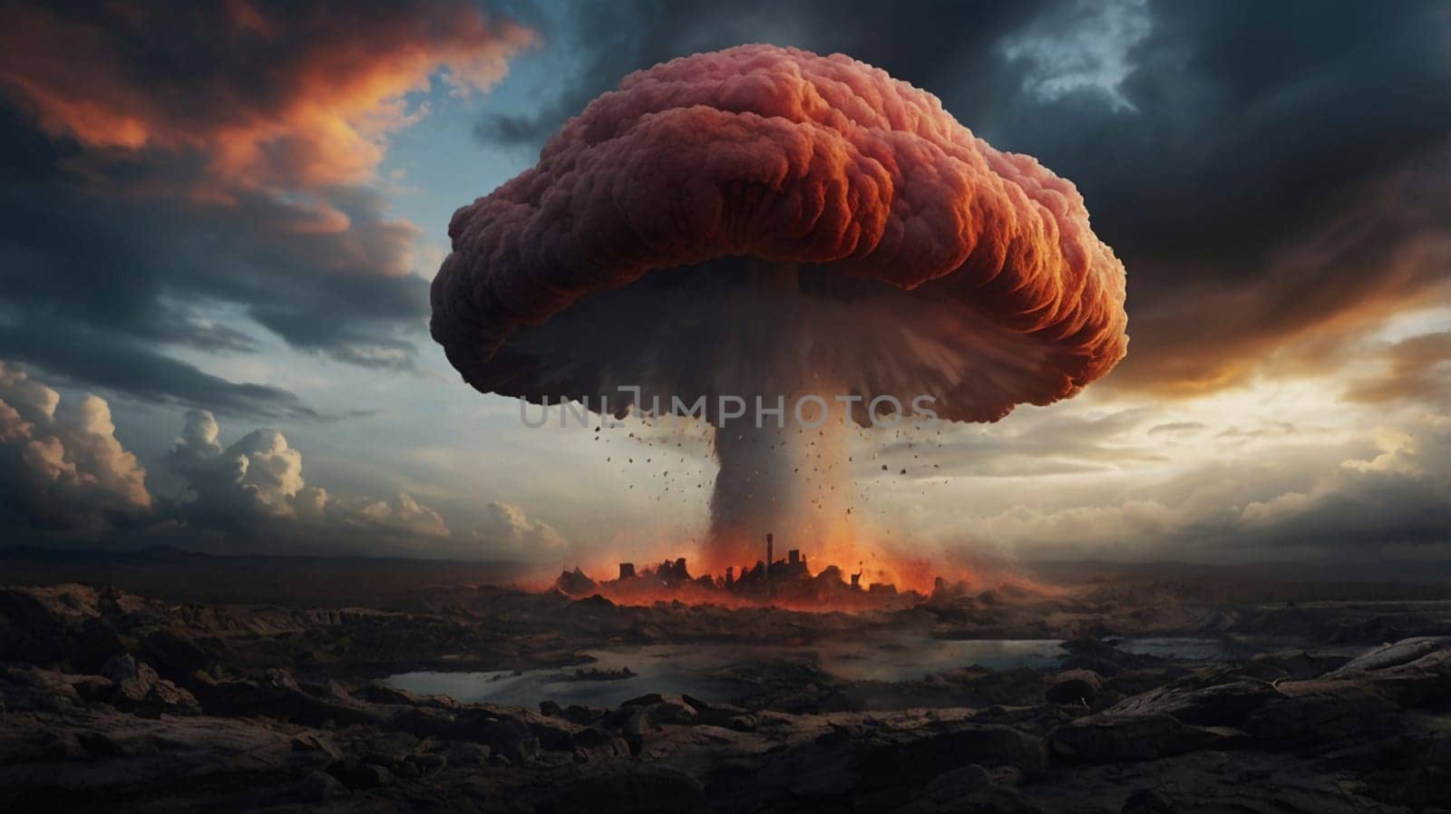 A large mushroom cloud from a nuclear explosion, with a city in ruins at its base. A high-quality photo.