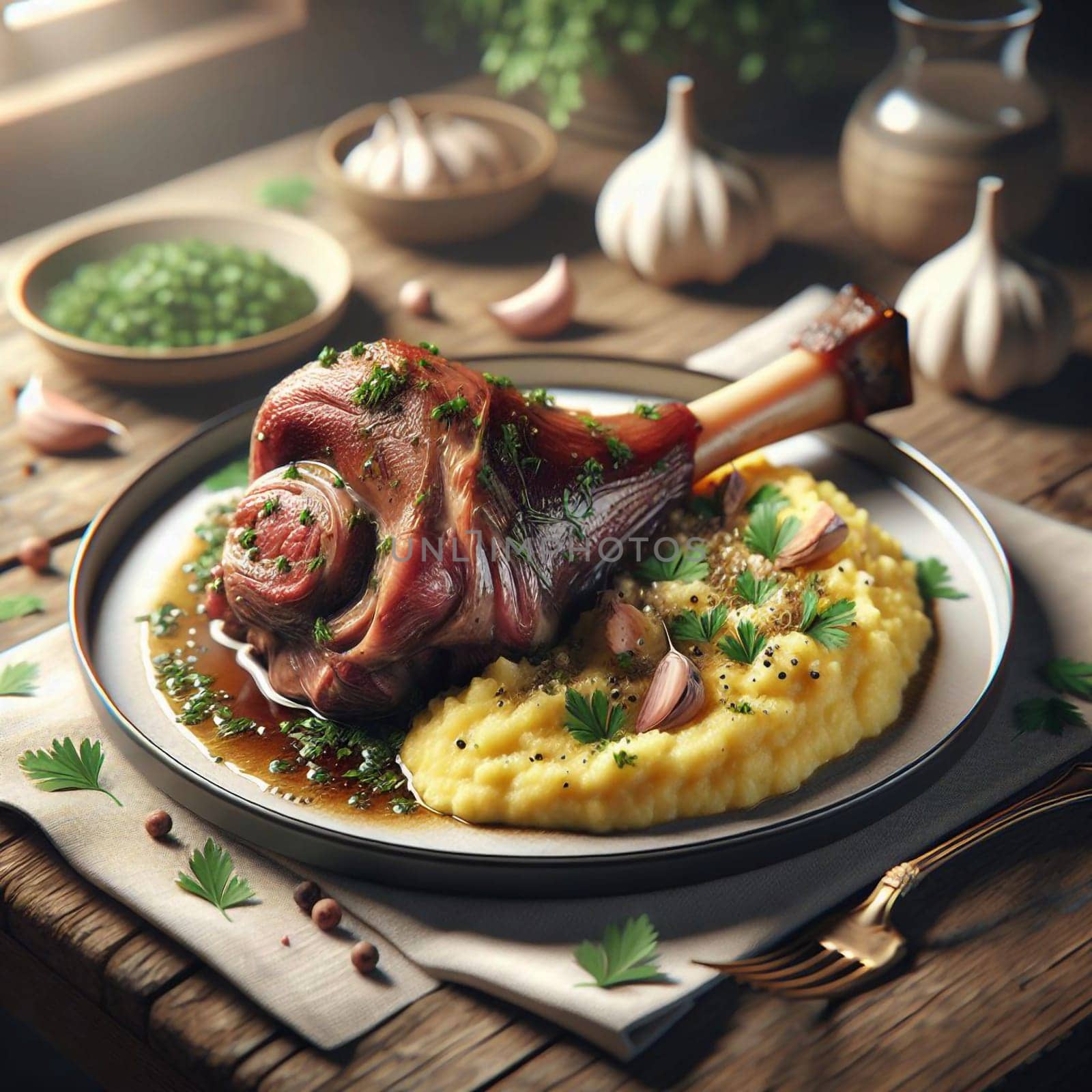 A roasted leg of lamb served with mashed potatoes and garnished with parsley and garlic. A high-quality photo.