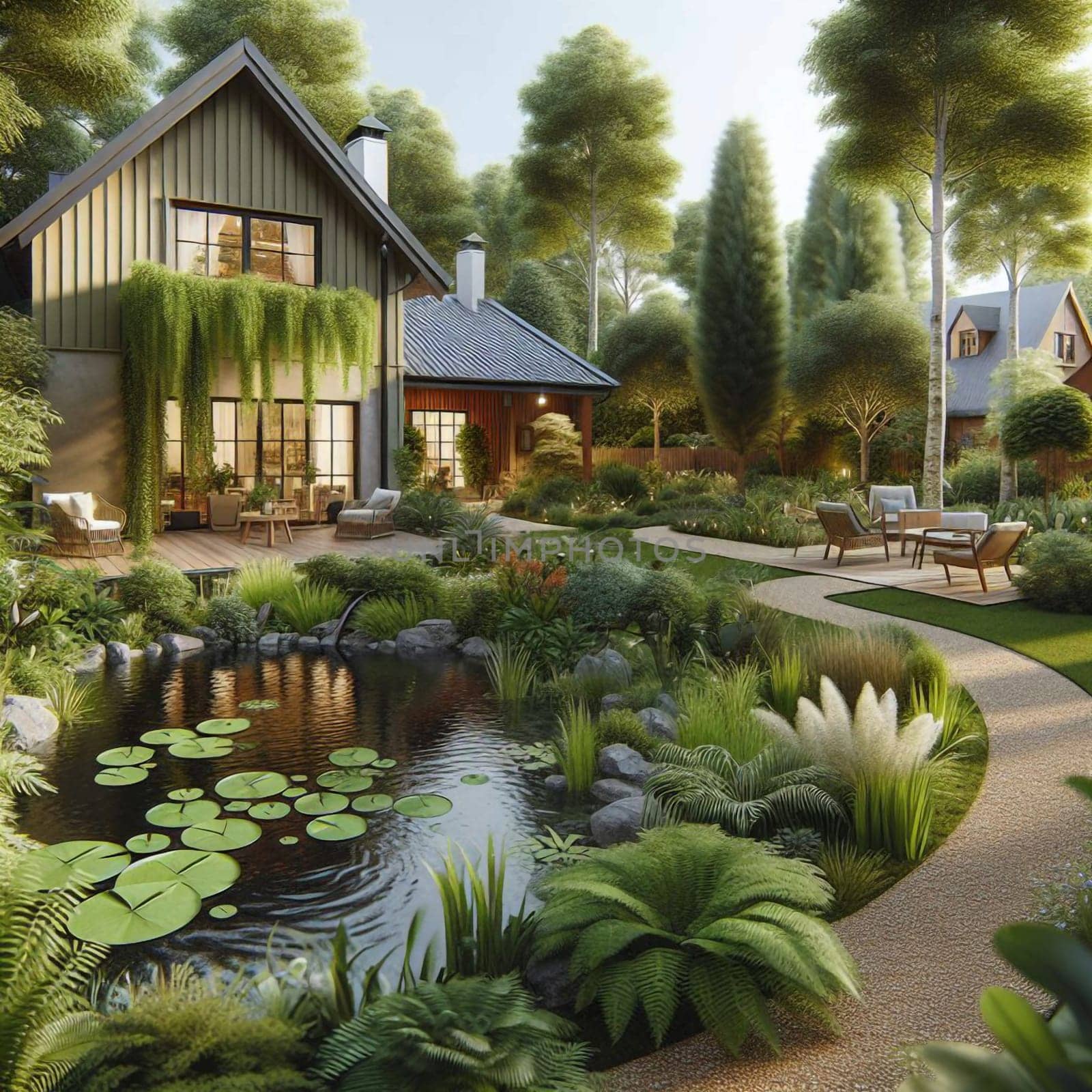 A luxurious backyard with a pond, a wooden deck, and lush greenery surrounding a house. A high-quality photo.
