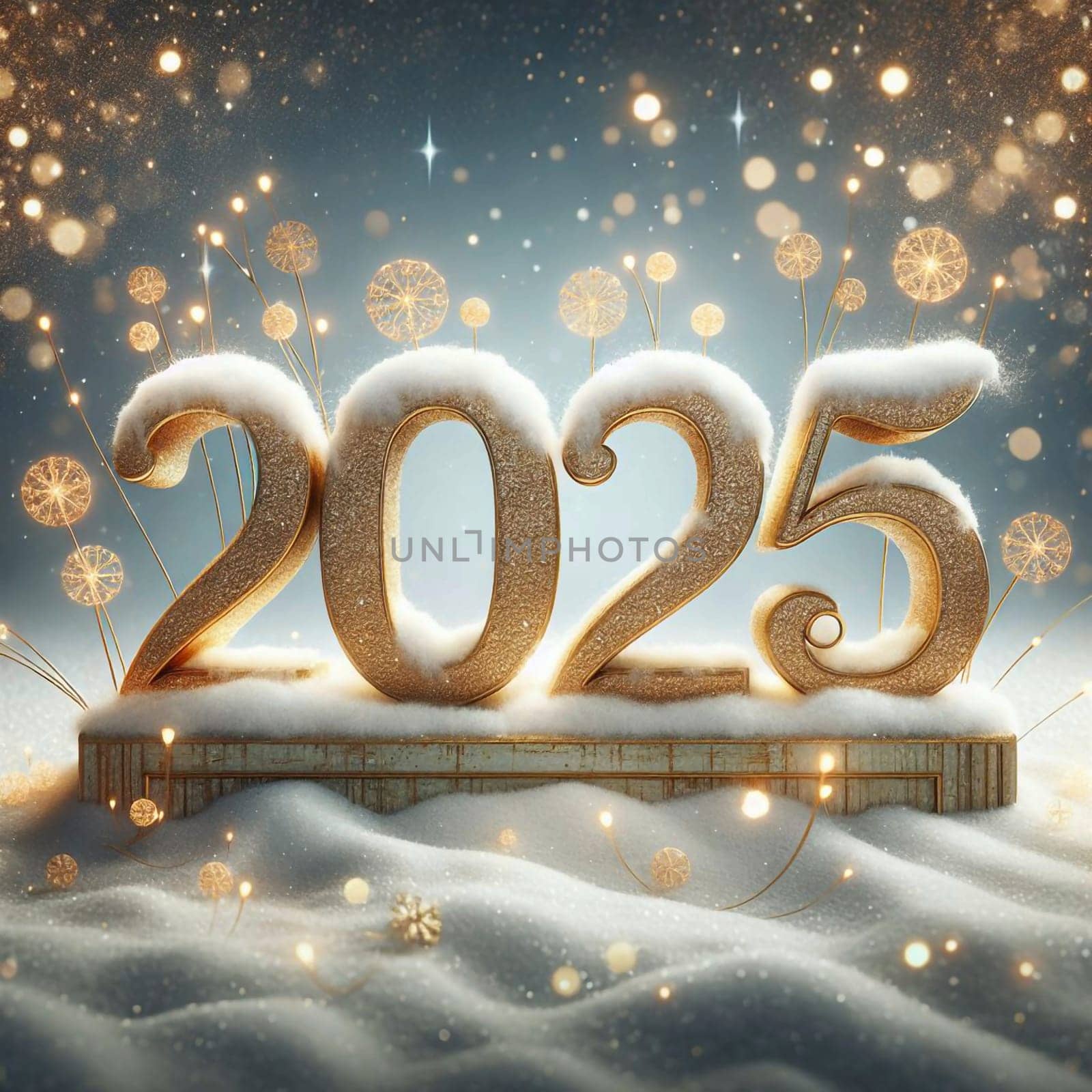 Golden 2025 numbers covered in snow and glowing lights, with dandelion-like plants around them. A high-quality photo.