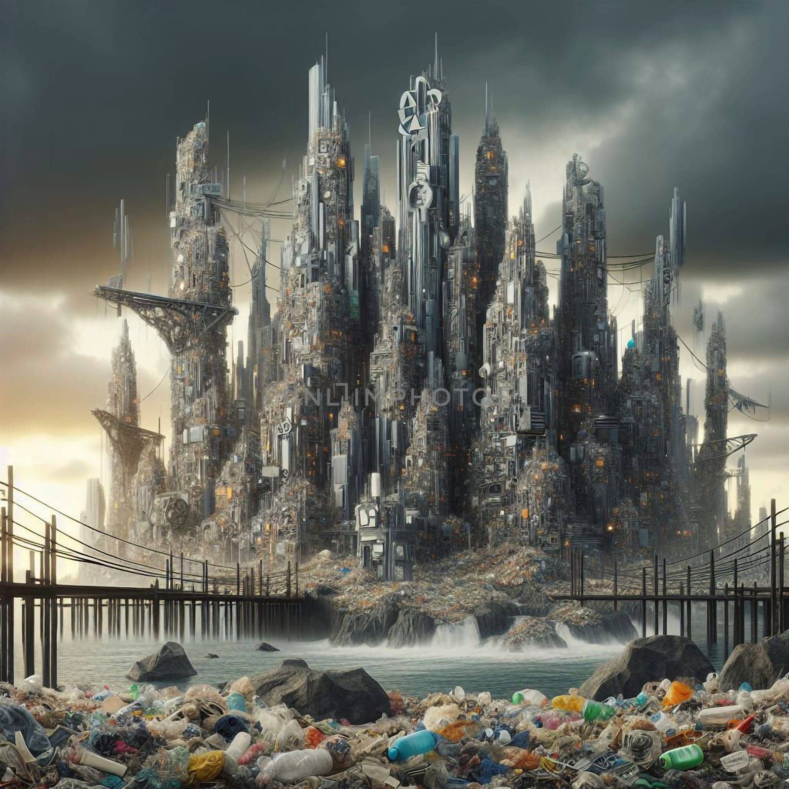 A futuristic city built on a pile of garbage, with a polluted river flowing through it. A high-quality photo.