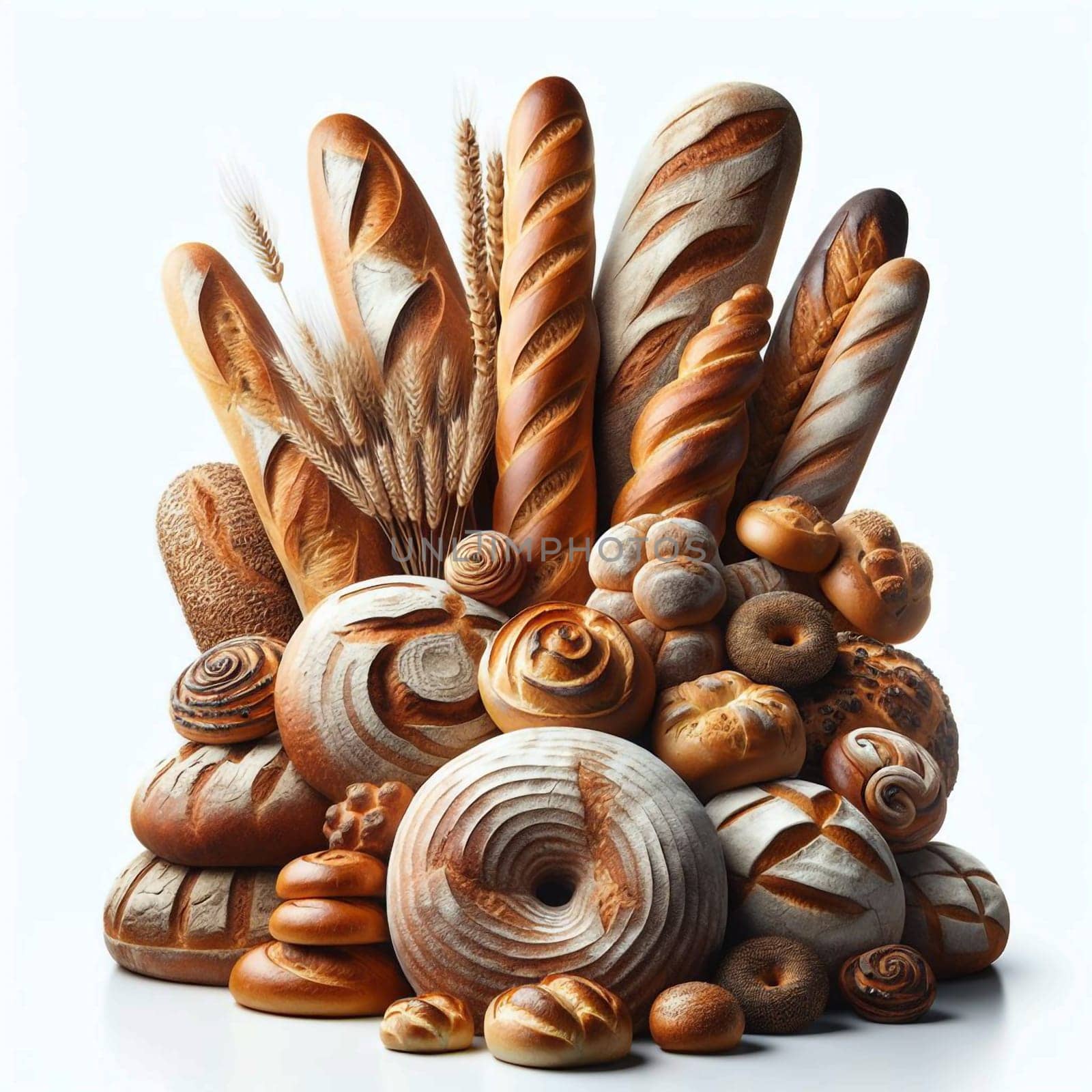 A collection of various breads, including baguettes, rolls, and loaves, arranged in a decorative pile. A high-quality photo.