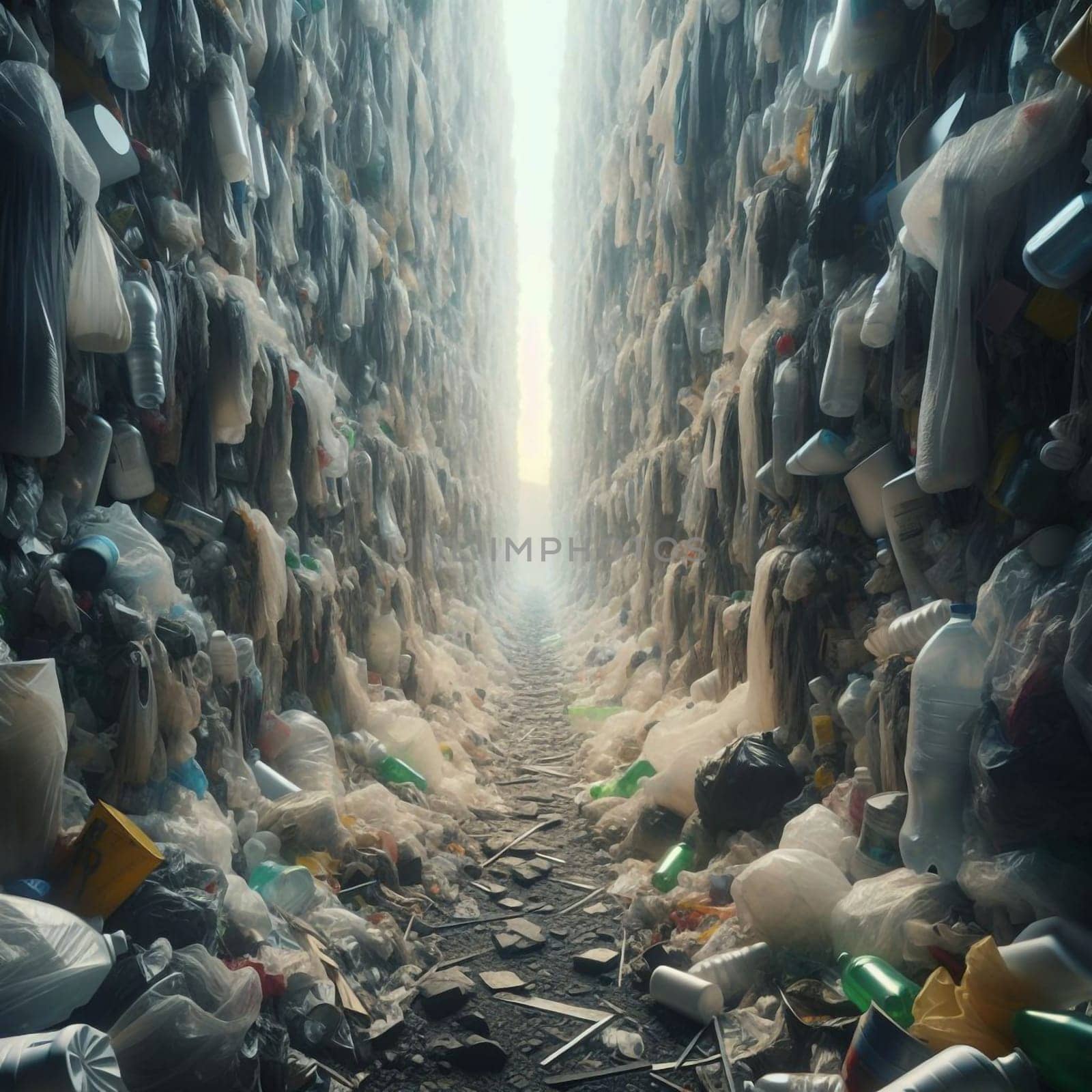 A view down a narrow pathway between two walls of plastic waste, symbolizing the problem of plastic pollution. A high-quality photo.