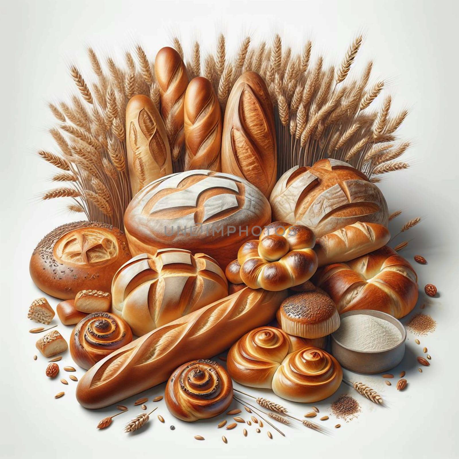 A collection of various breads, including baguettes, rolls, and loaves, arranged in a decorative pile with wheat stalks. A high-quality photo.