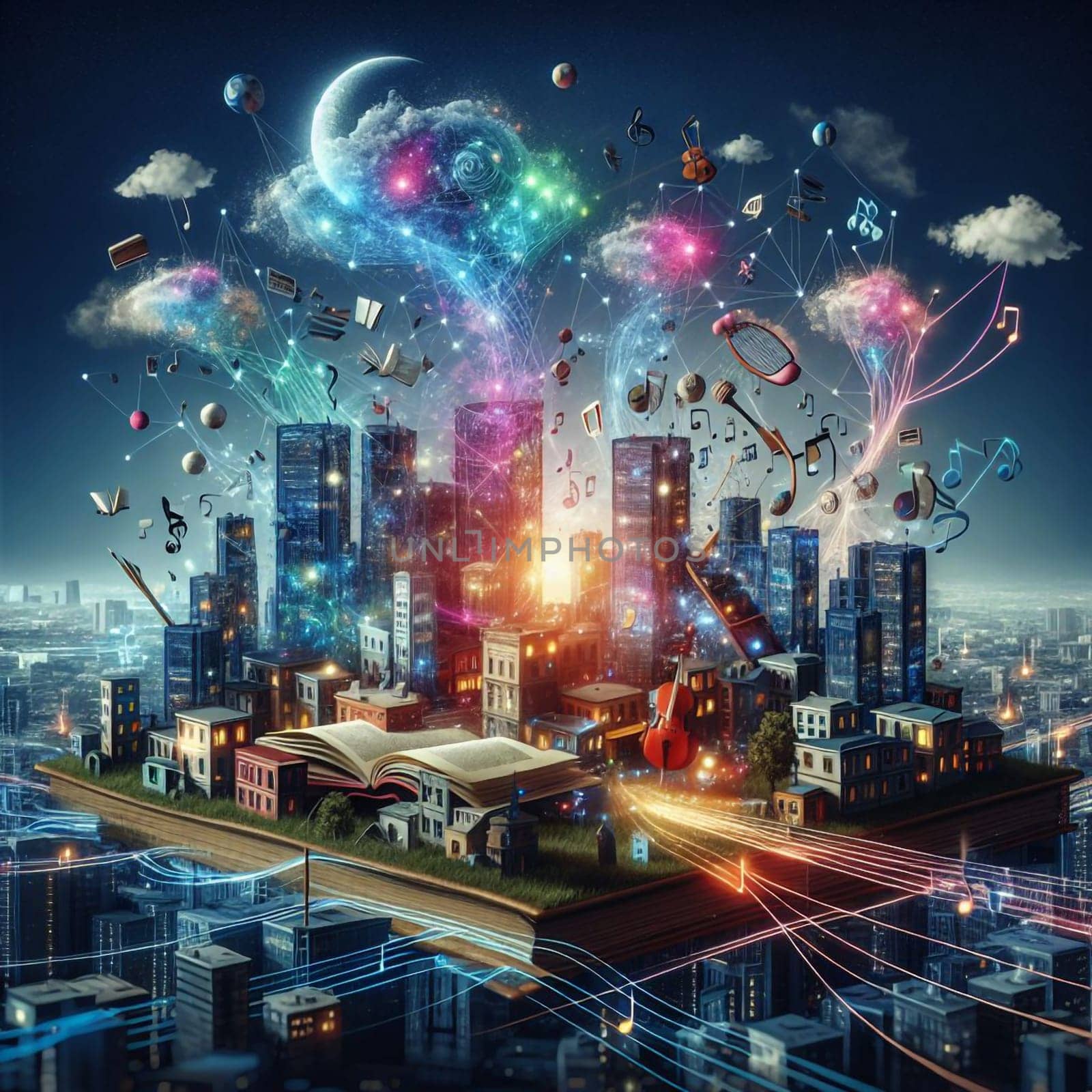 A magical cityscape emerges from an open book, with glowing lines connecting buildings and objects representing music, knowledge, and imagination. A high-quality photo.