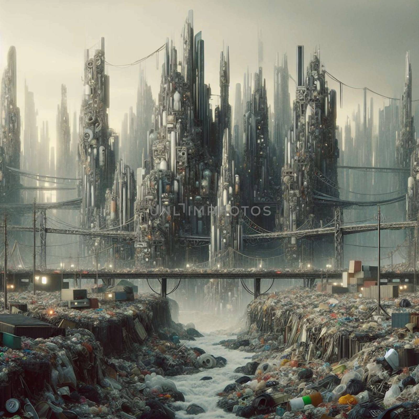 A futuristic city built on a pile of garbage, with a polluted river flowing through it. A high-quality photo.