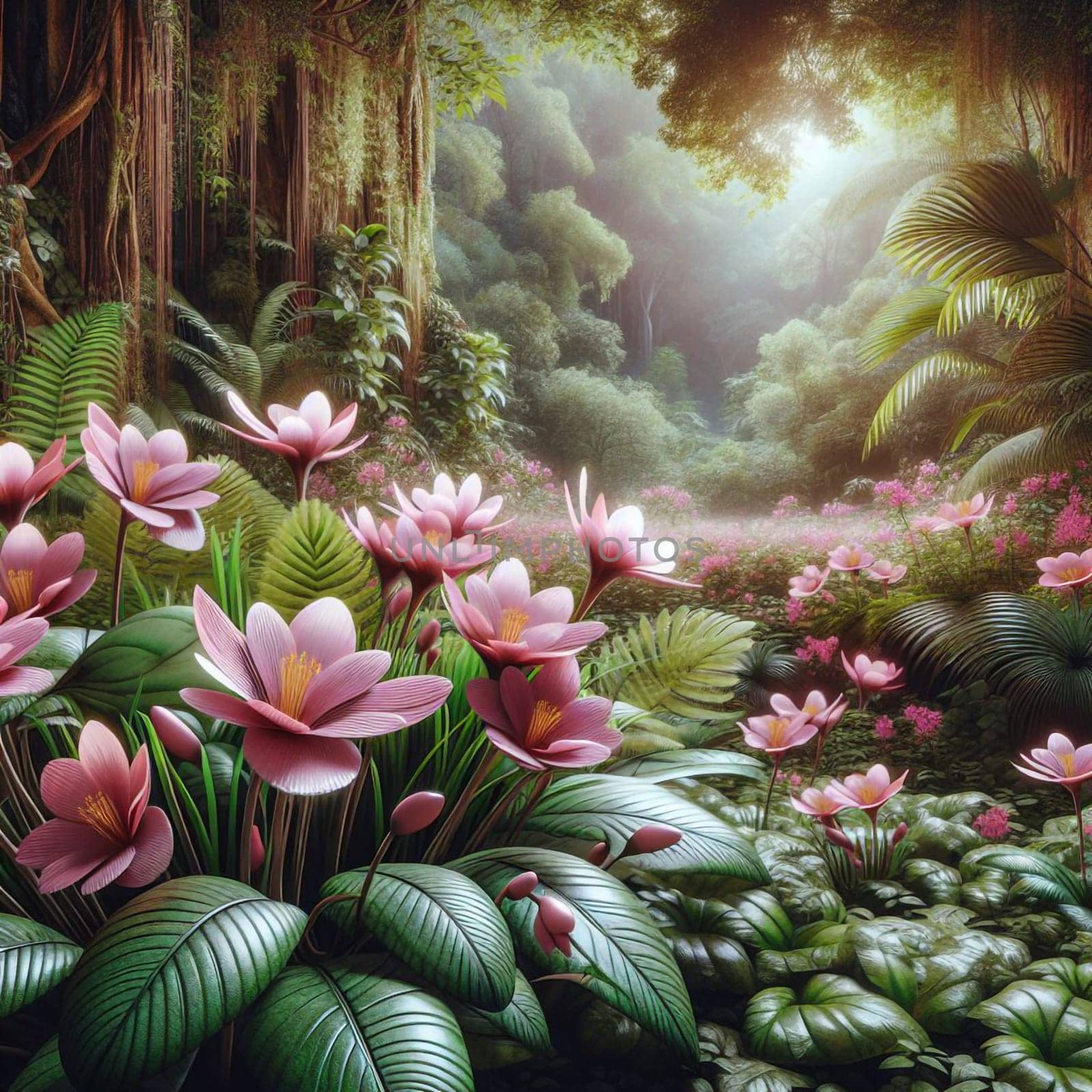 A lush green jungle scene with a sunlit clearing and pink flowers blooming in the foreground. A high-quality photo.