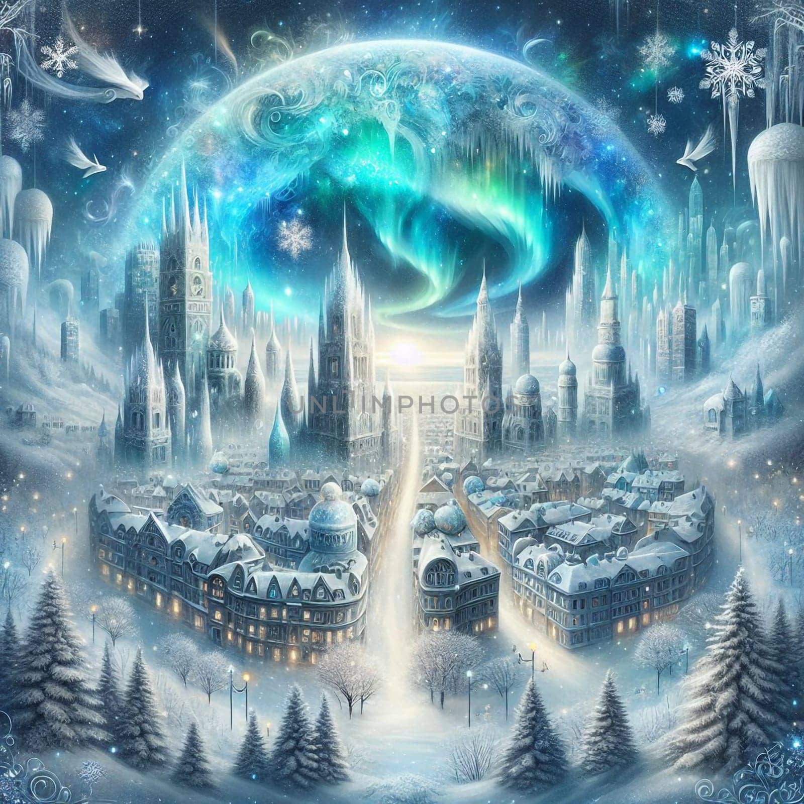A magical winter city scene with snow-covered buildings and a glowing aurora borealis in the sky. A high-quality photo.