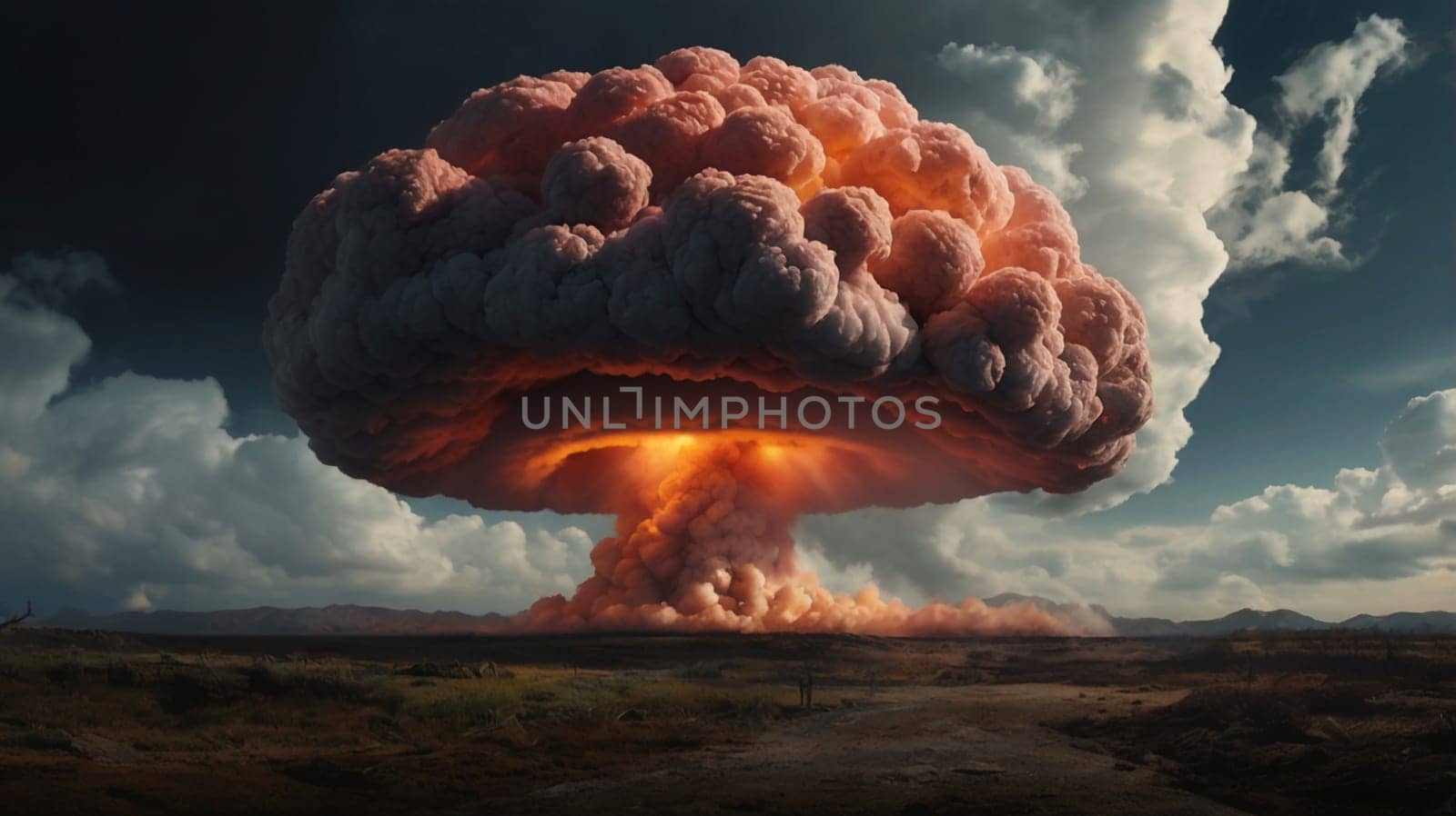 A massive mushroom cloud from a nuclear explosion, with a city in ruins at its base. A high-quality photo.