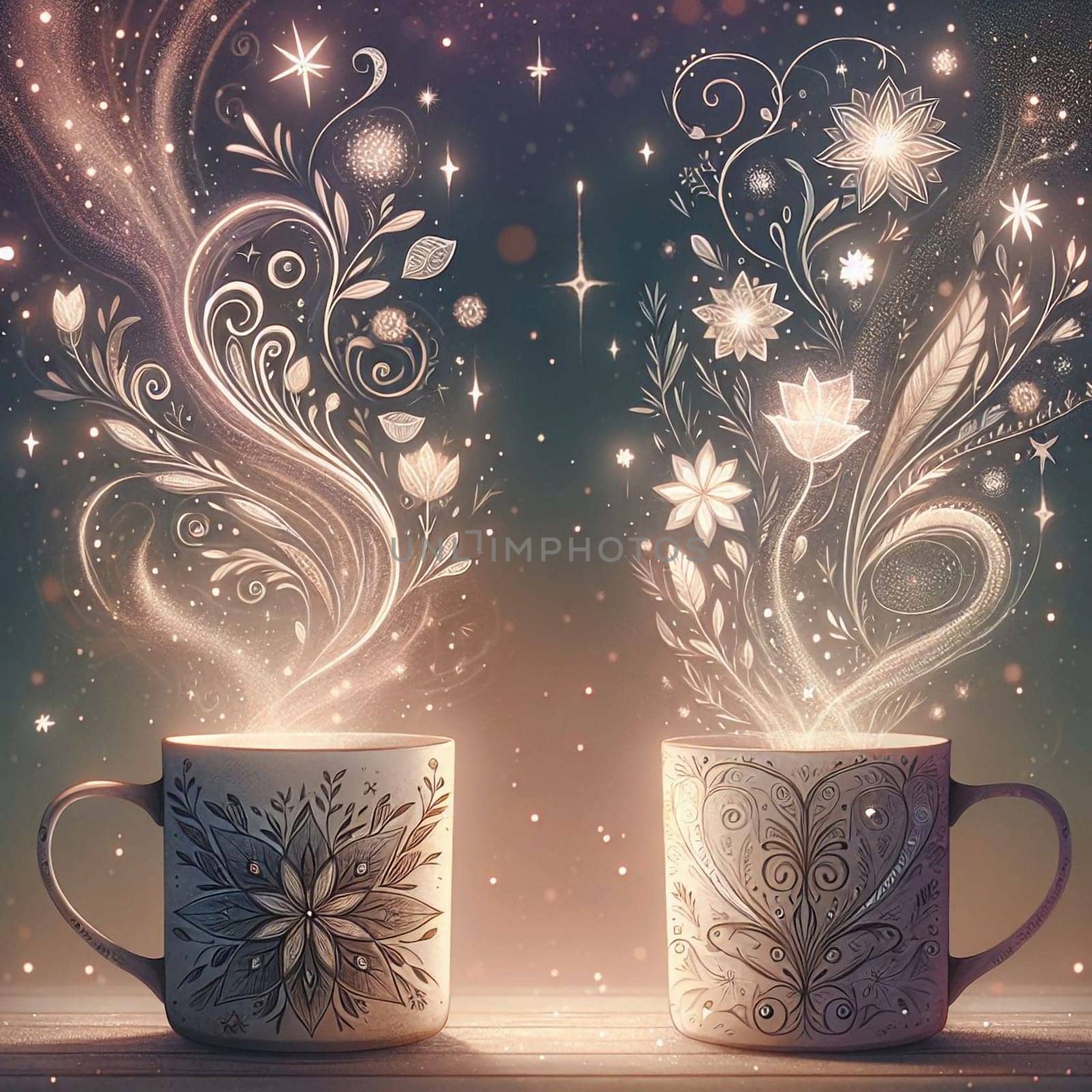 Two mugs with floral designs are steaming with magical, glowing light. A high-quality photo.