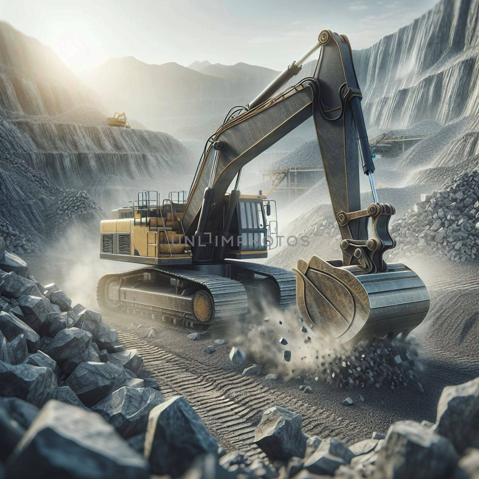 A large excavator digging in a quarry, with dust and debris flying up from its bucket. A high-quality photo.