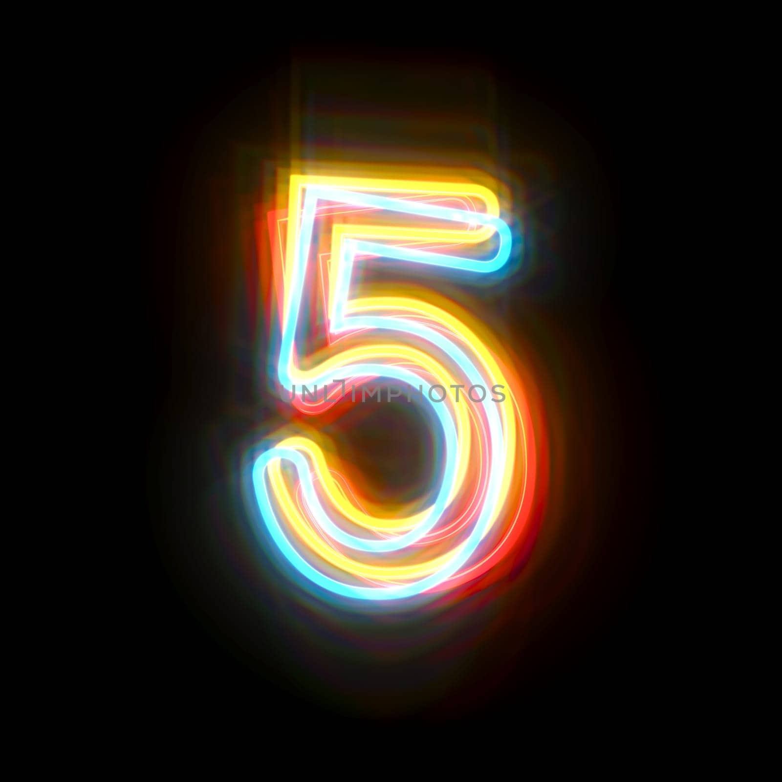Three colors neon font Number 5 FIVE 3D rendering illustration isolated on black background