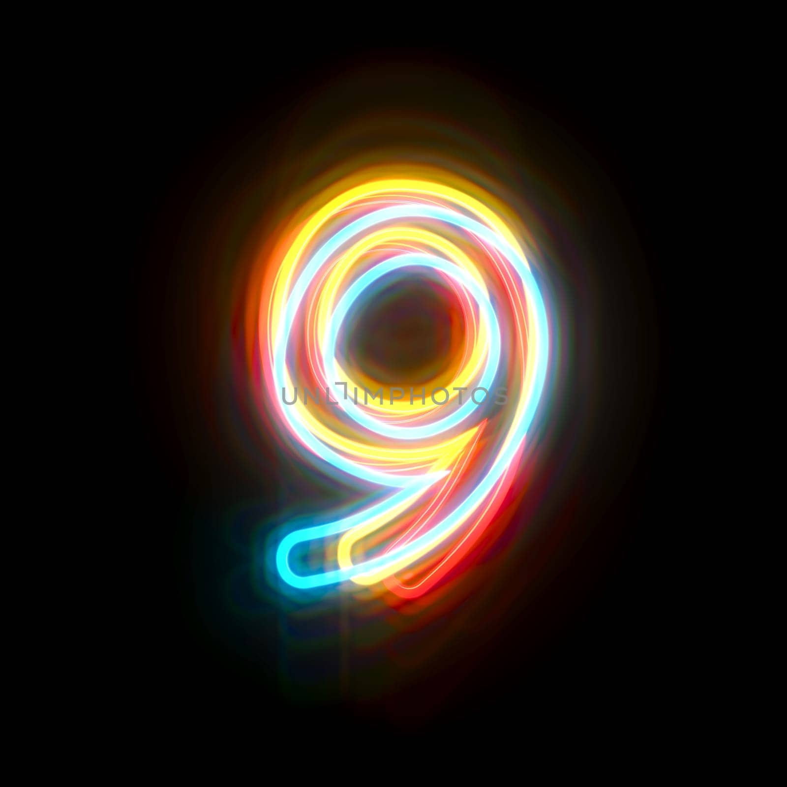 Three colors neon font Number 9 NINE 3D rendering illustration isolated on black background