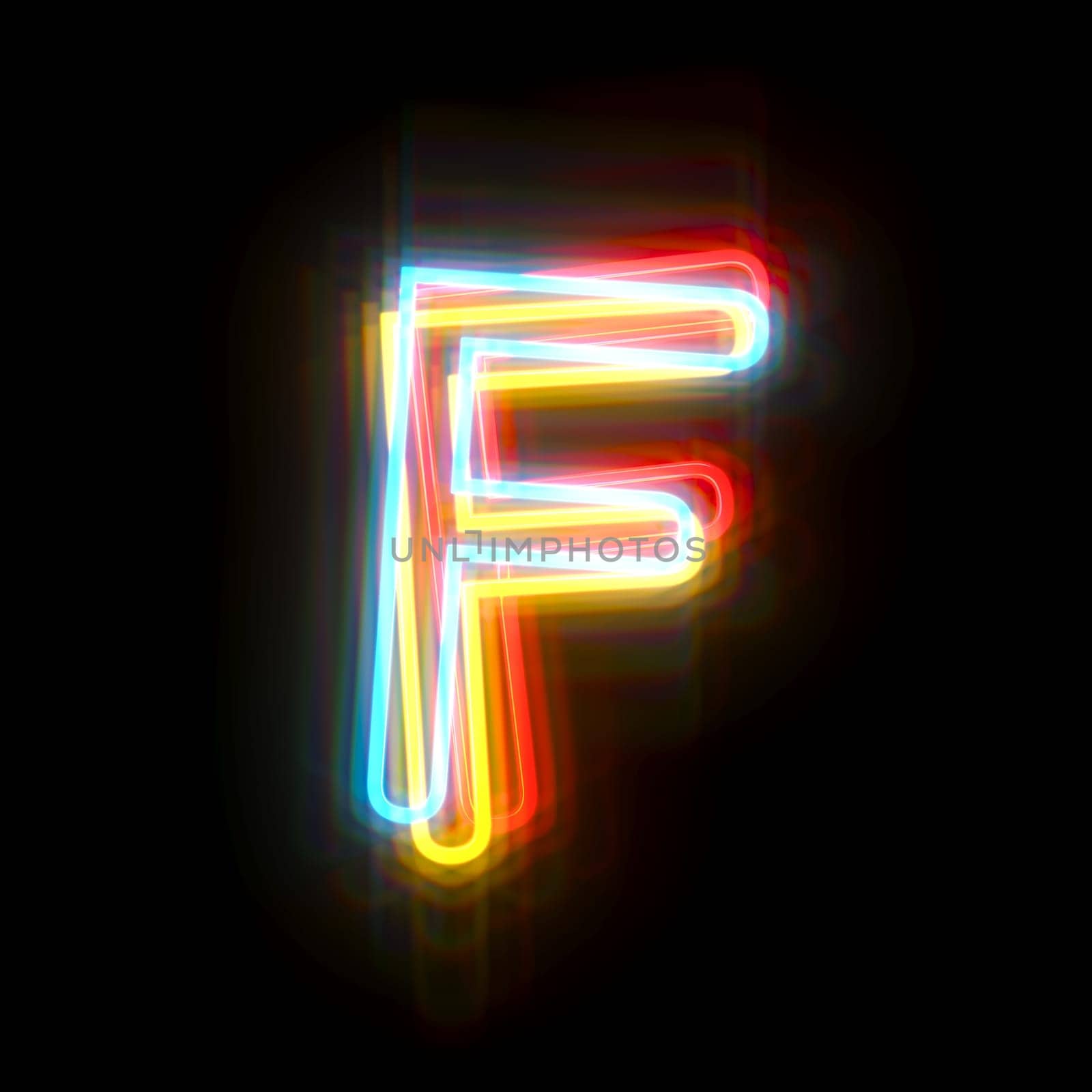 Three colors neon font Letter F 3D rendering illustration isolated on black background