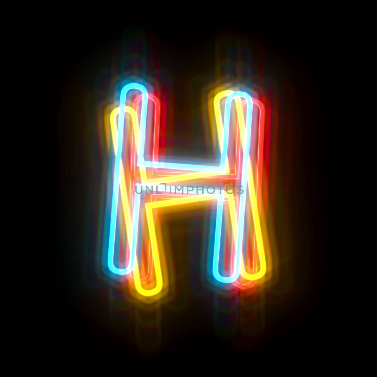 Three colors neon font Letter H 3D rendering illustration isolated on black background
