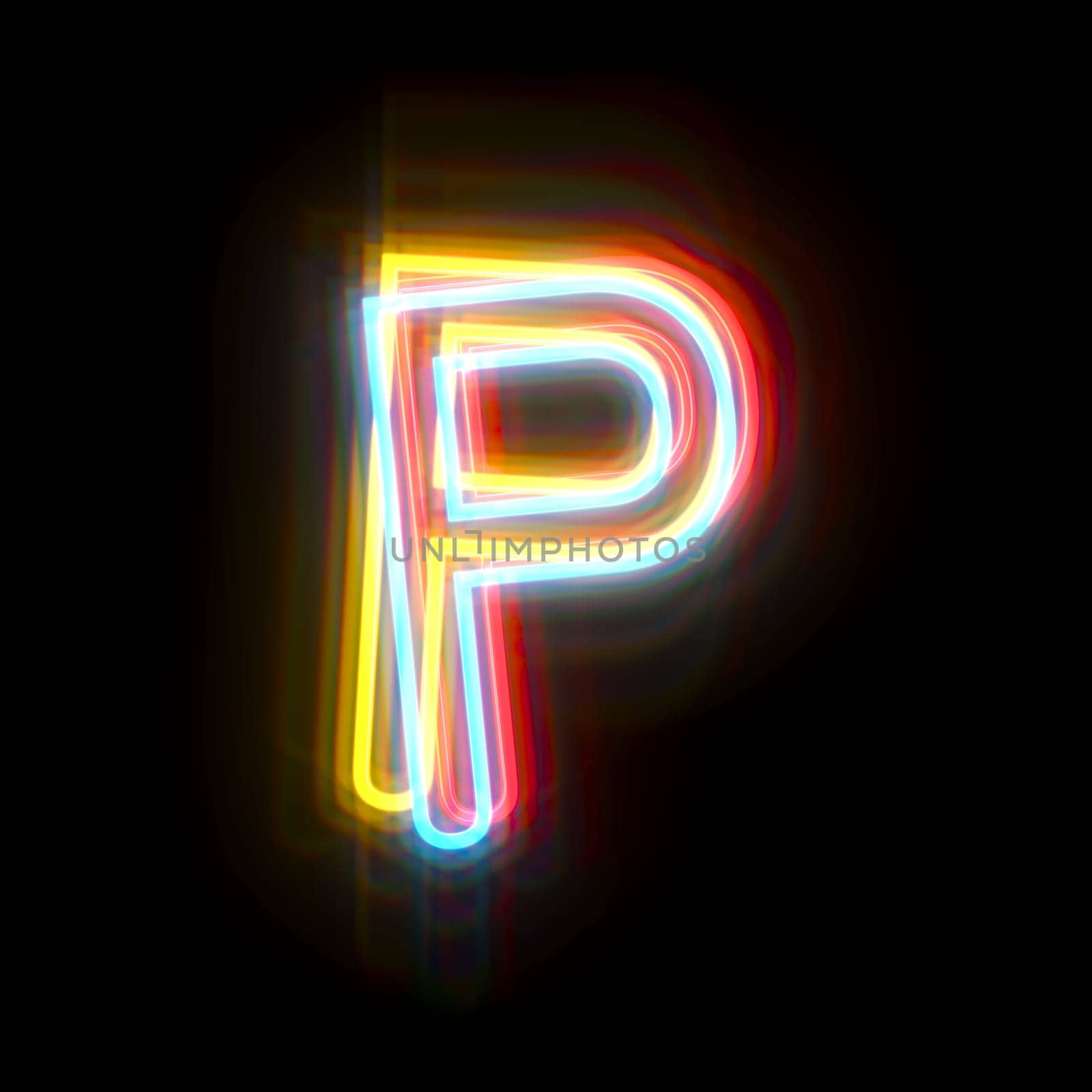 Three colors neon font Letter P 3D rendering illustration isolated on black background
