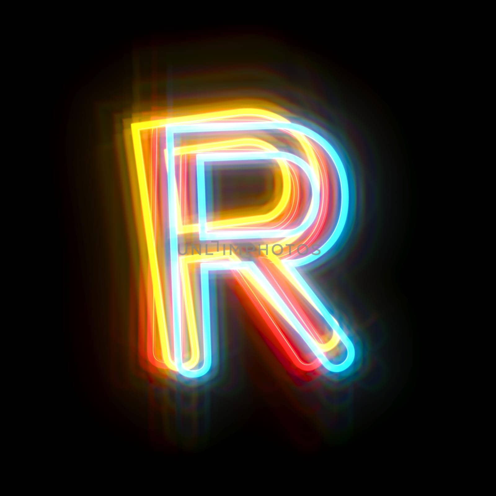 Three colors neon font Letter R 3D rendering illustration isolated on black background