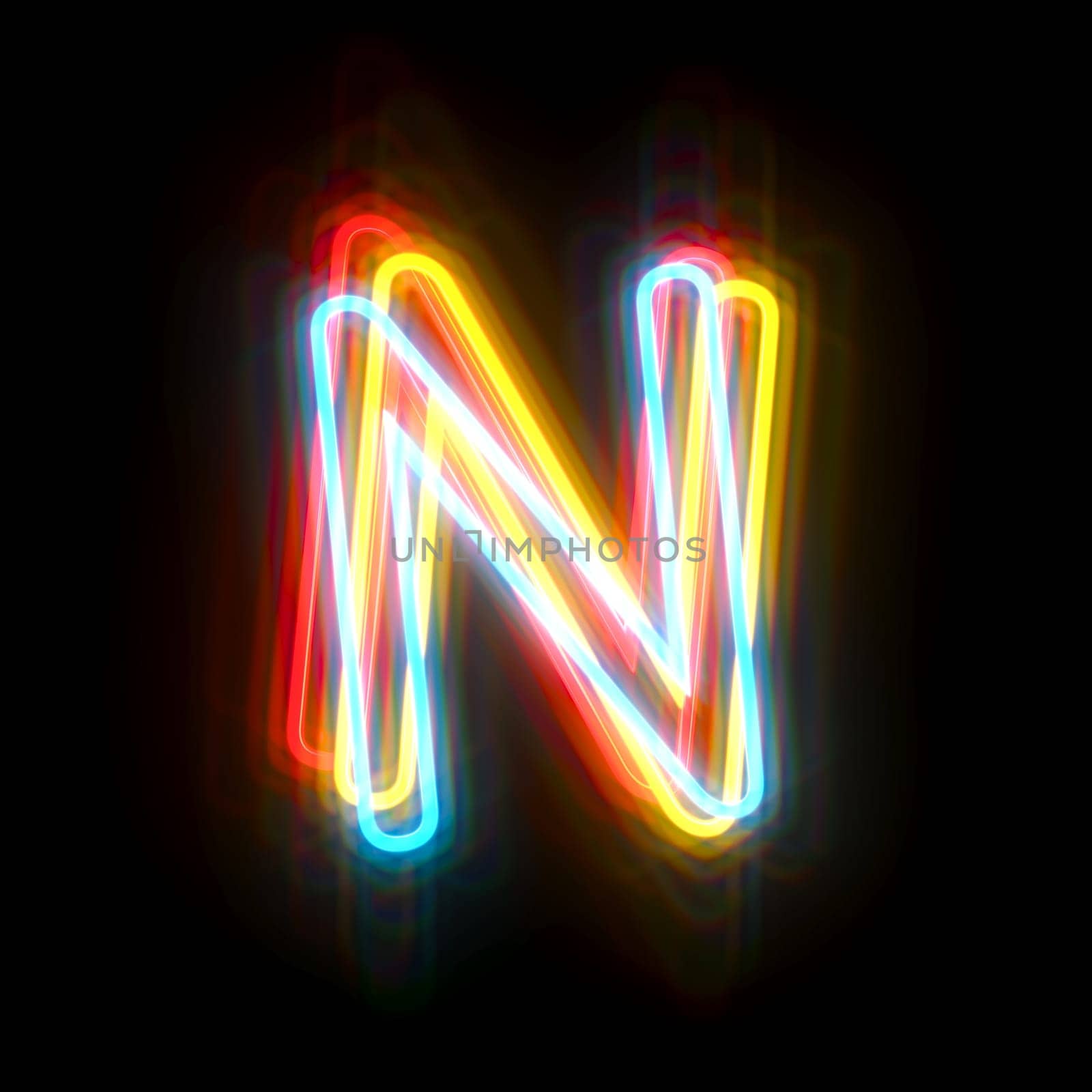Three colors neon font Letter N 3D rendering illustration isolated on black background