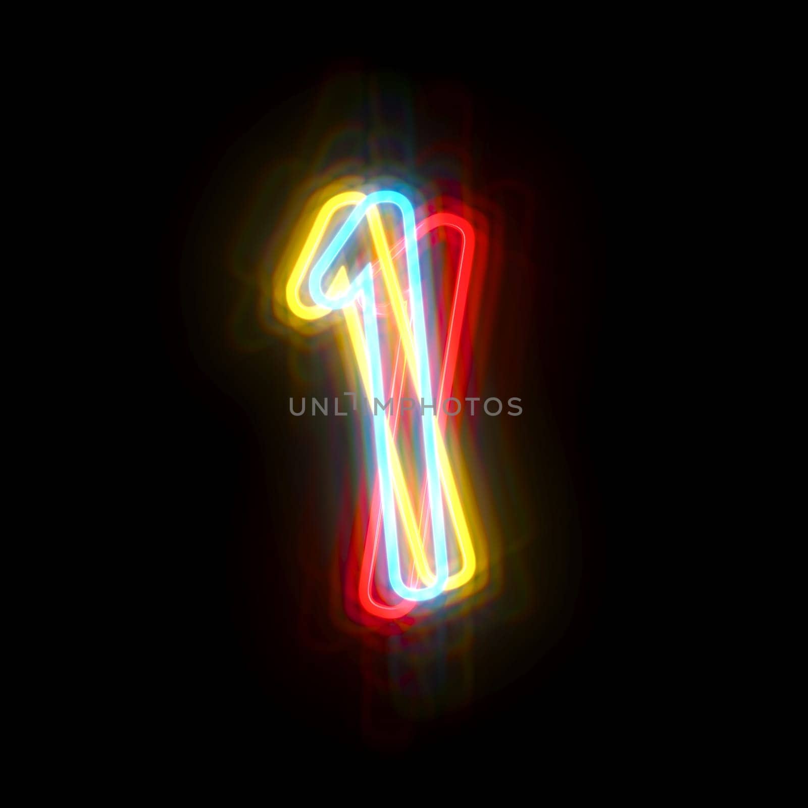 Three colors neon font Number 1 ONE 3D rendering illustration isolated on black background