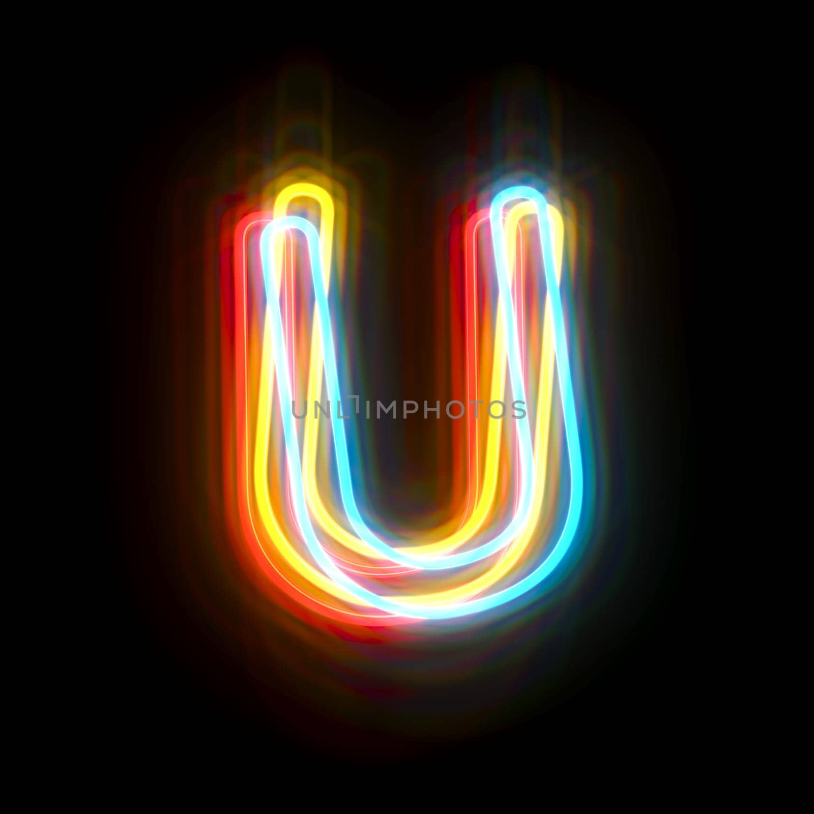 Three colors neon font Letter U 3D rendering illustration isolated on black background