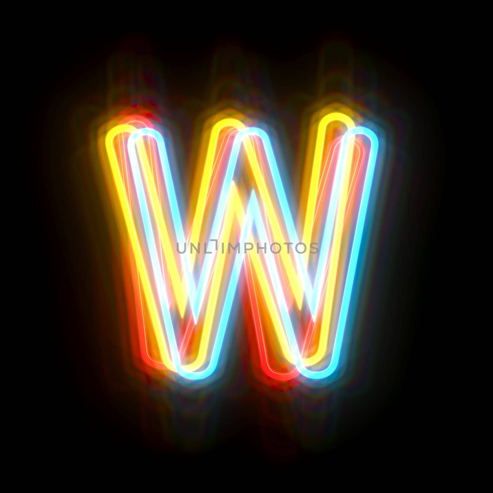 Three colors neon font Letter W 3D rendering illustration isolated on black background