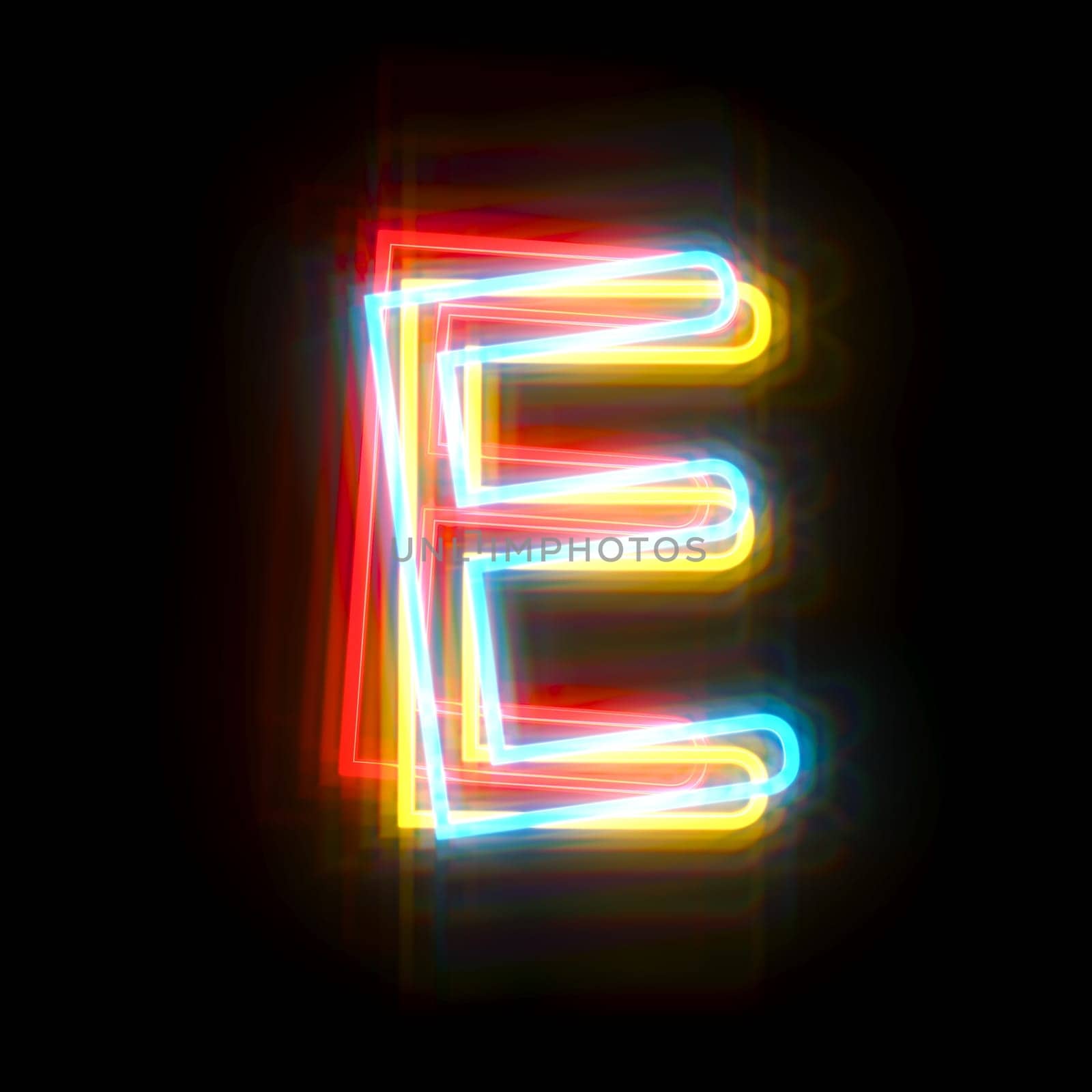 Three colors neon font Letter E 3D rendering illustration isolated on black background