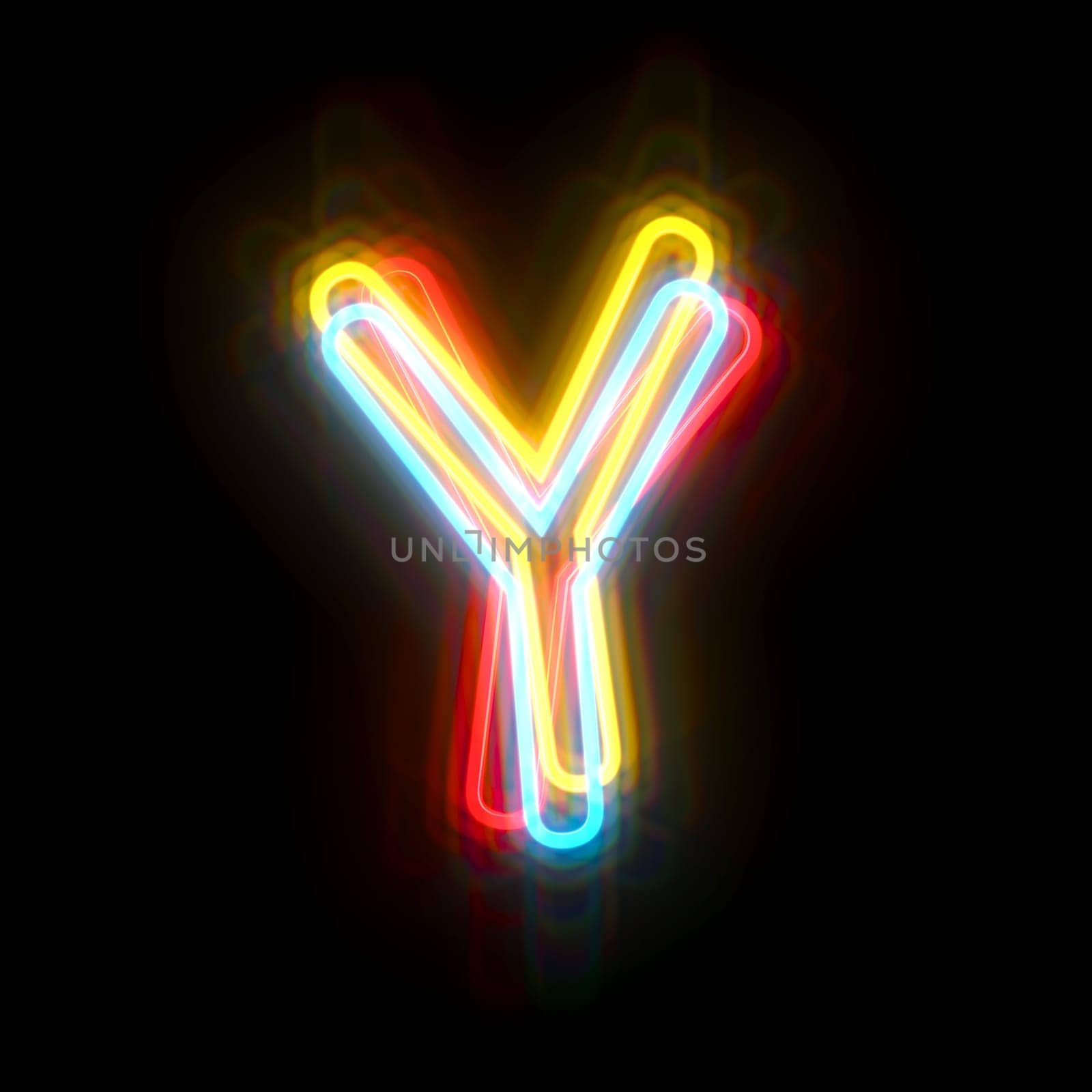 Three colors neon font Letter Y 3D rendering illustration isolated on black background