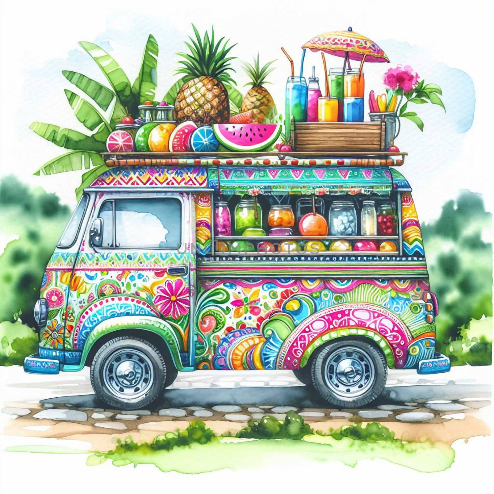 A colorful, patterned van with fruit and smoothies on top, driving down a road. A high-quality photo.