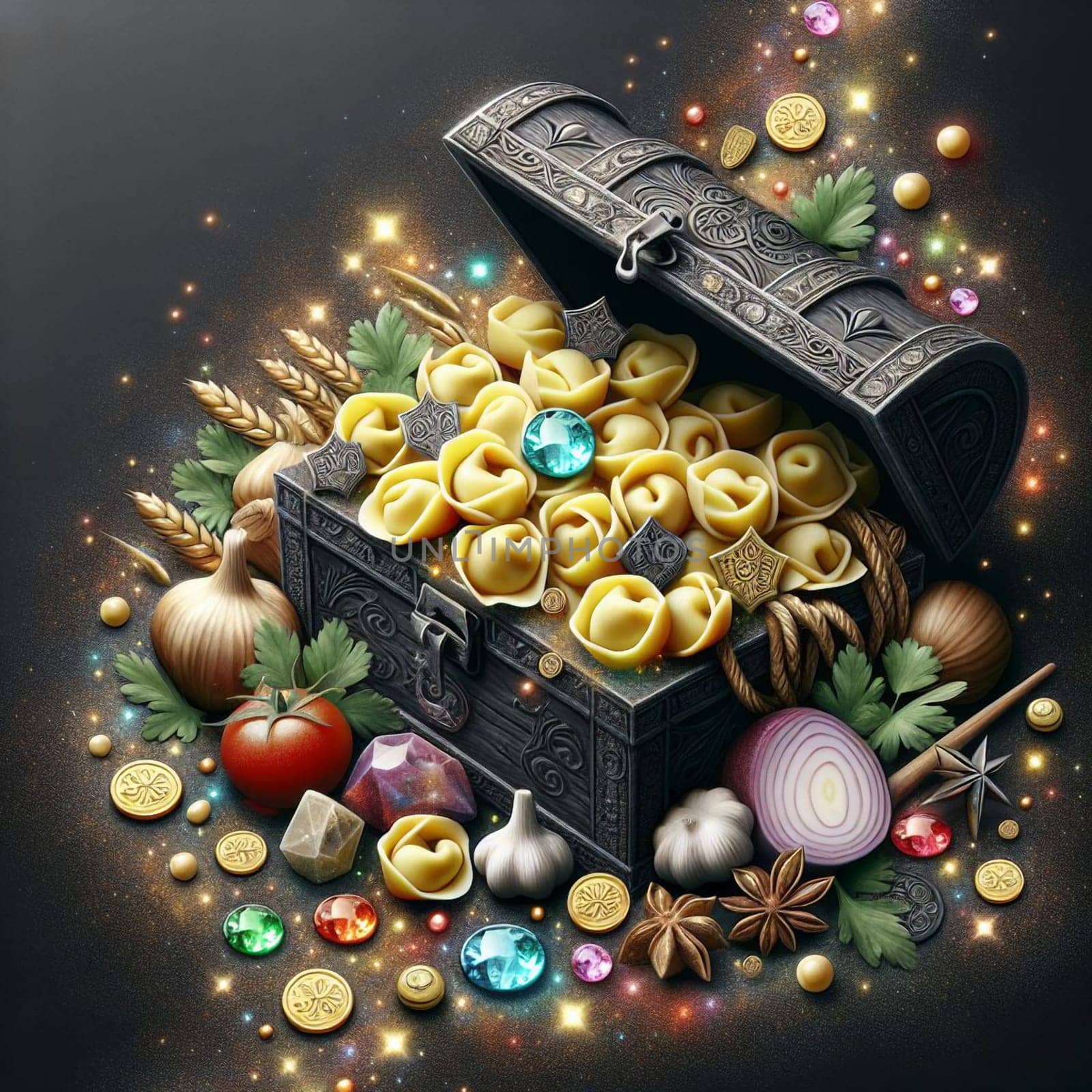 A treasure chest filled with tortellini pasta, with surrounding ingredients like onions, garlic, and spices. A high-quality photo.