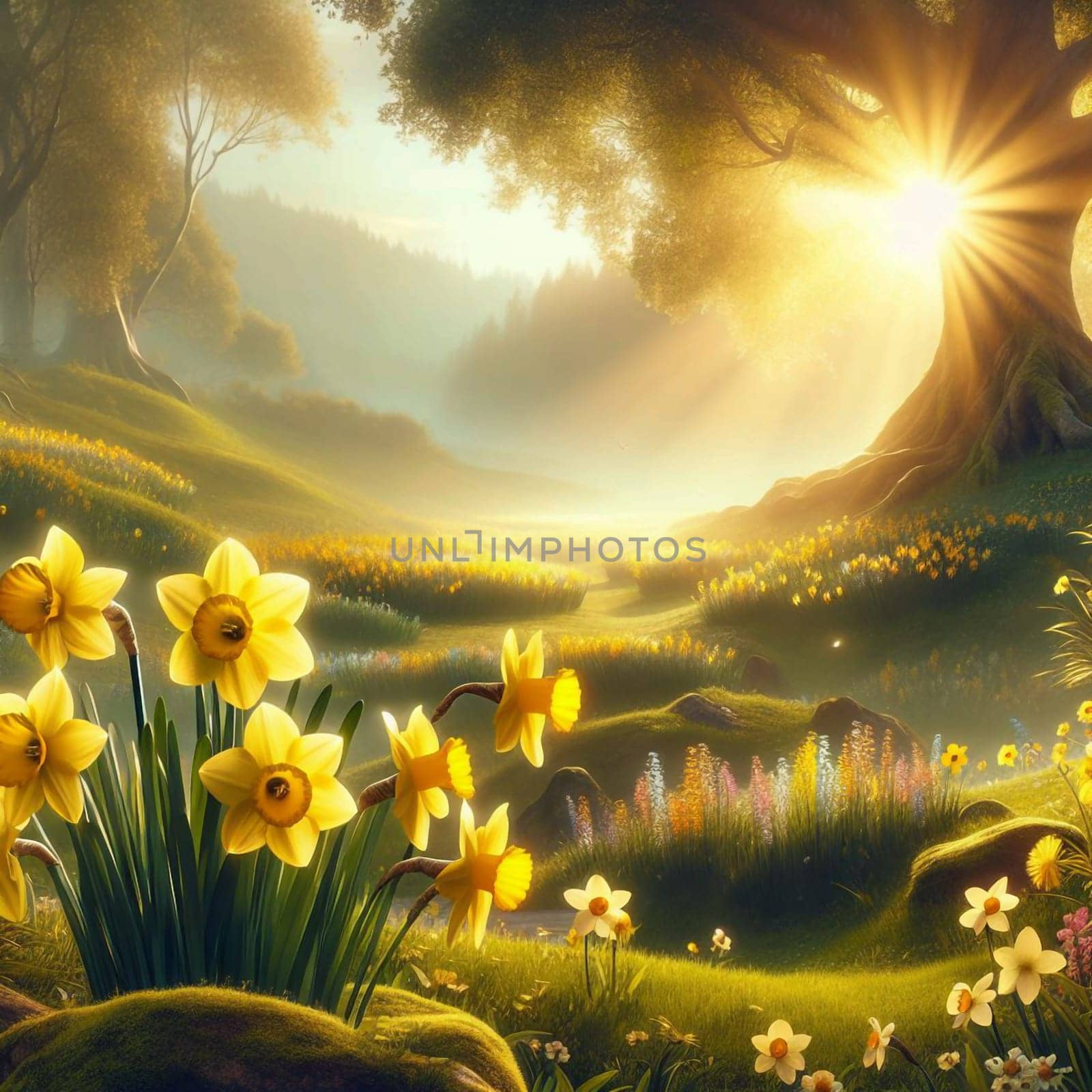 A lush, green meadow with a large tree in the center. The sun is shining through the leaves, creating a warm and inviting atmosphere. Yellow daffodils bloom in the meadow. A high-quality photo.