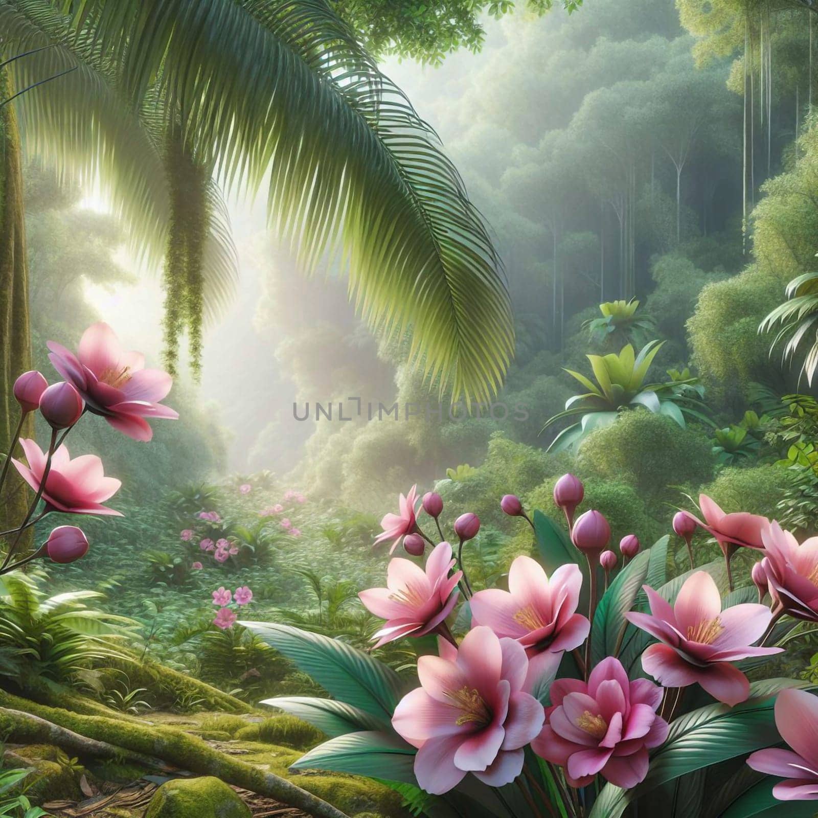 A scene of a lush, tropical rainforest. The image shows a path through the rainforest, with large pink flowers blooming on the side of the path. A high-quality photo.