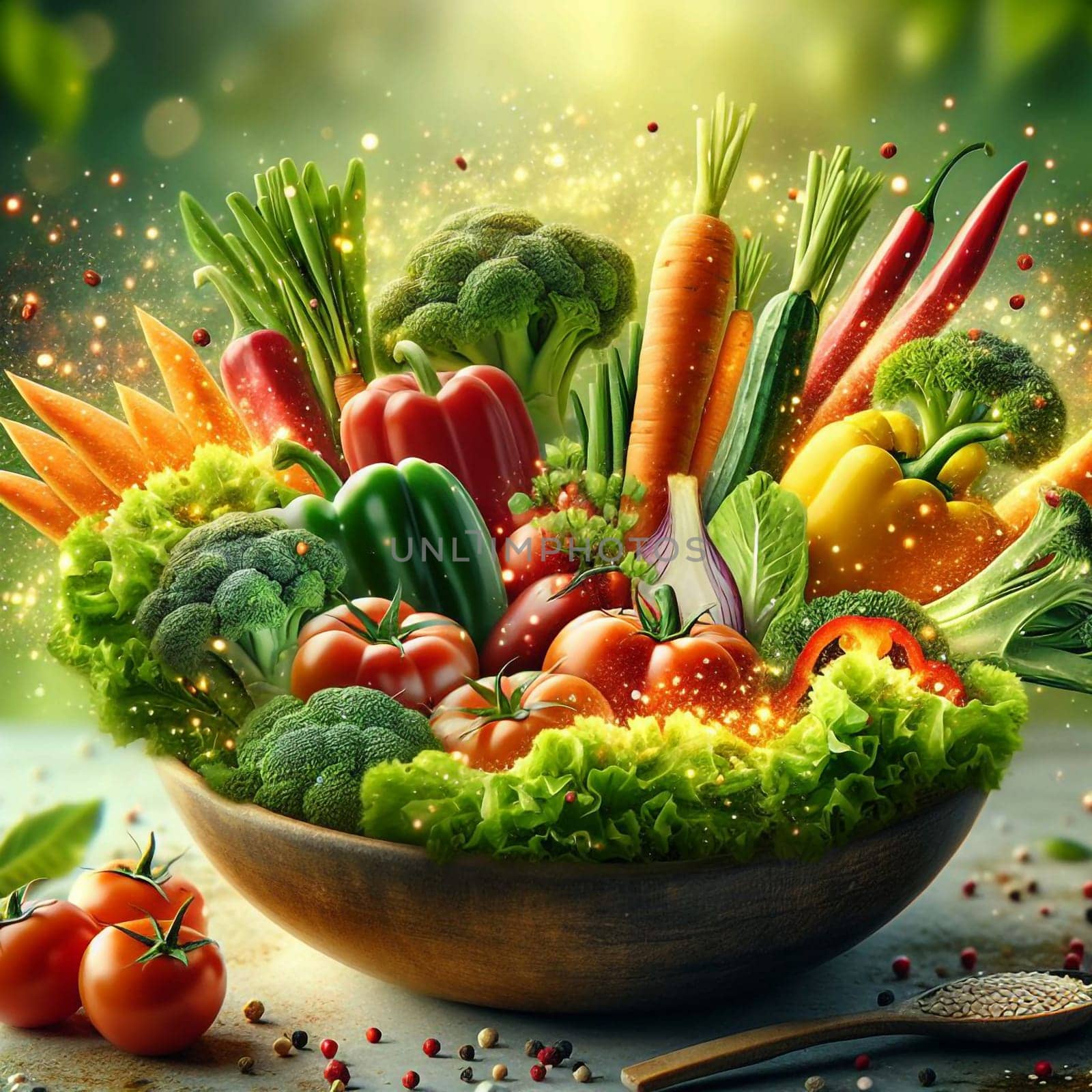 A wooden bowl overflowing with fresh vegetables, with a burst of golden sparkles. A high-quality photo.