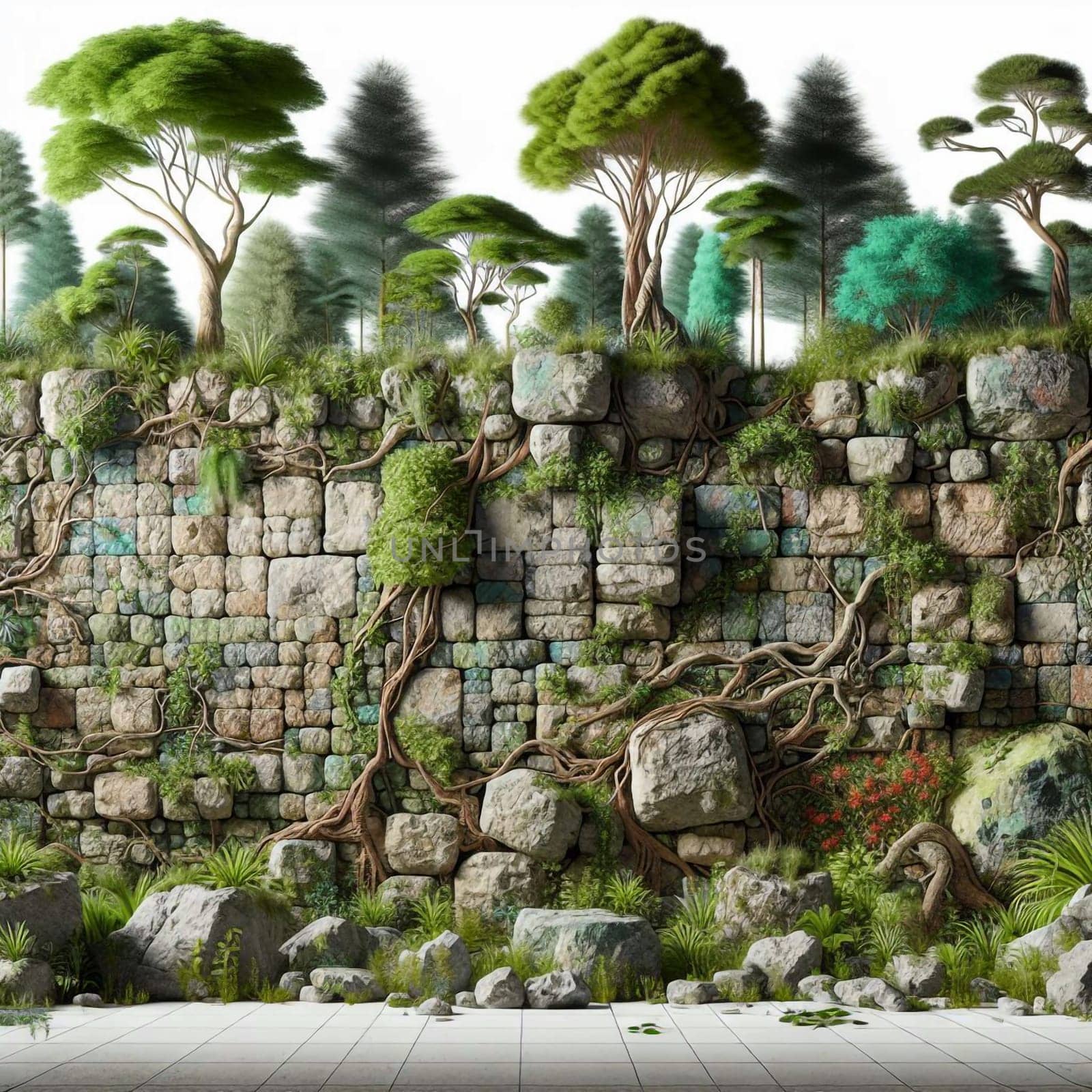 A wall with a lush forest scene growing on it, with trees, vines, and rocks. A high-quality photo.