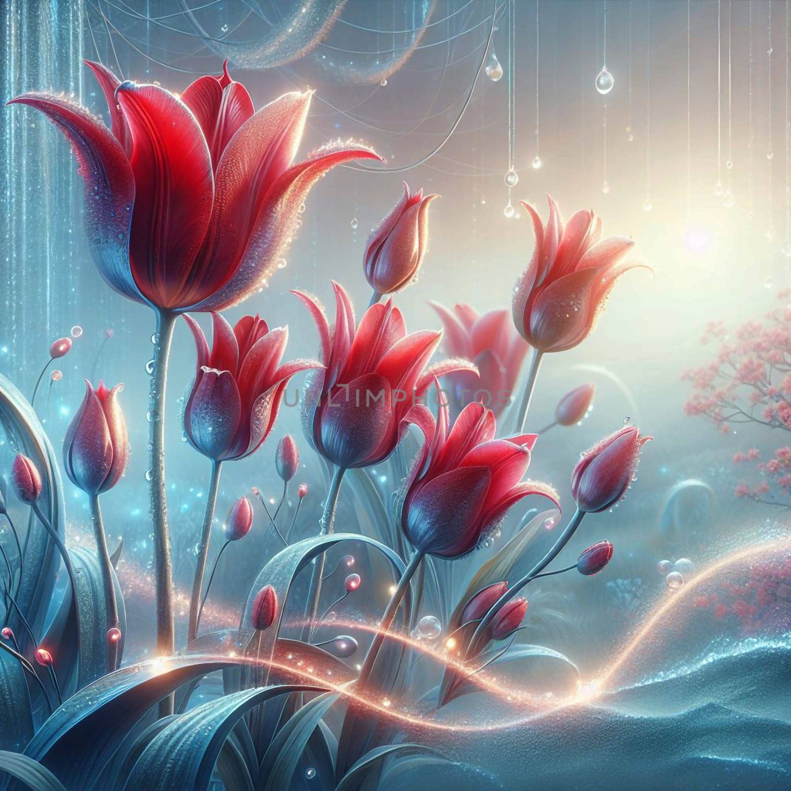 A group of red tulips with water droplets on them. The tulips are in a magical, ethereal forest setting with glowing lights and floating bubbles. A high-quality photo.