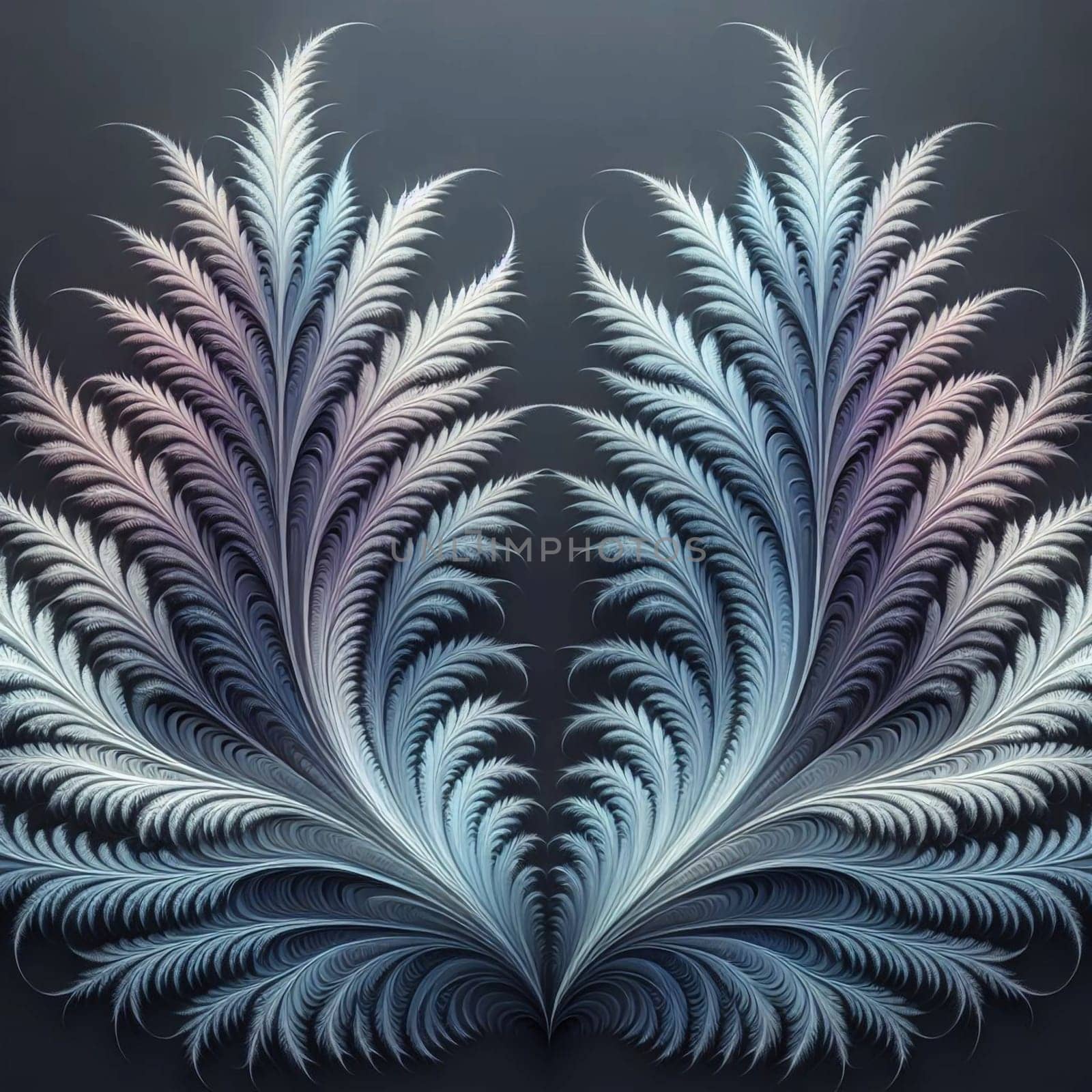 Abstract, frosty fern-like patterns in shades of blue and gray, creating a delicate and intricate design. A high-quality photo.