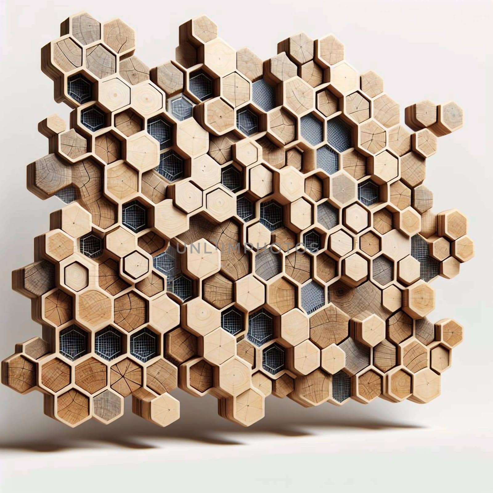 A honeycomb pattern made of wooden hexagons, with some of the hexagons open to reveal a wireframe design. The background is a soft white. A high-quality photo.