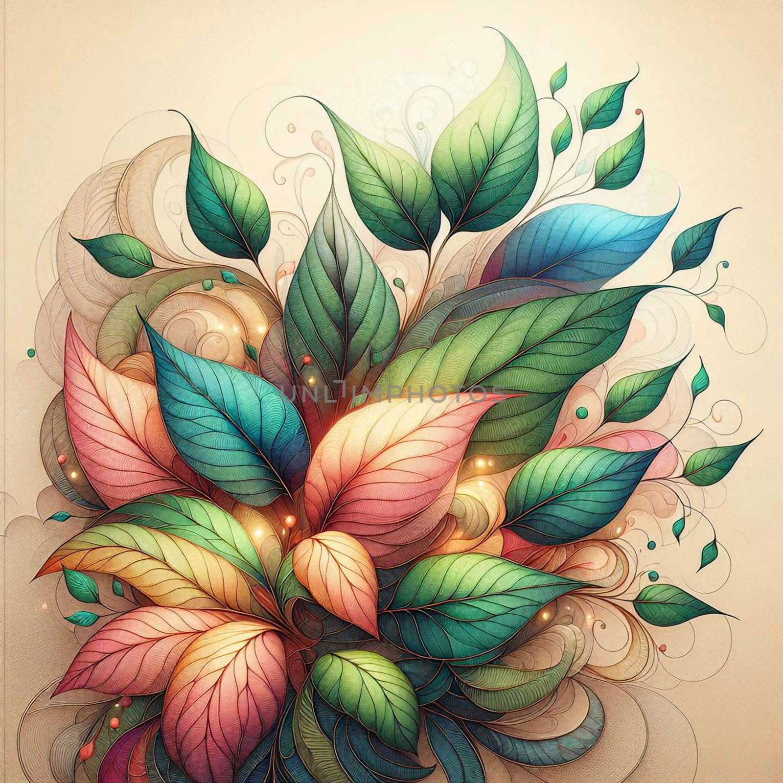 A colorful bouquet of leaves and flowers, with a delicate, intricate design. A high-quality photo.