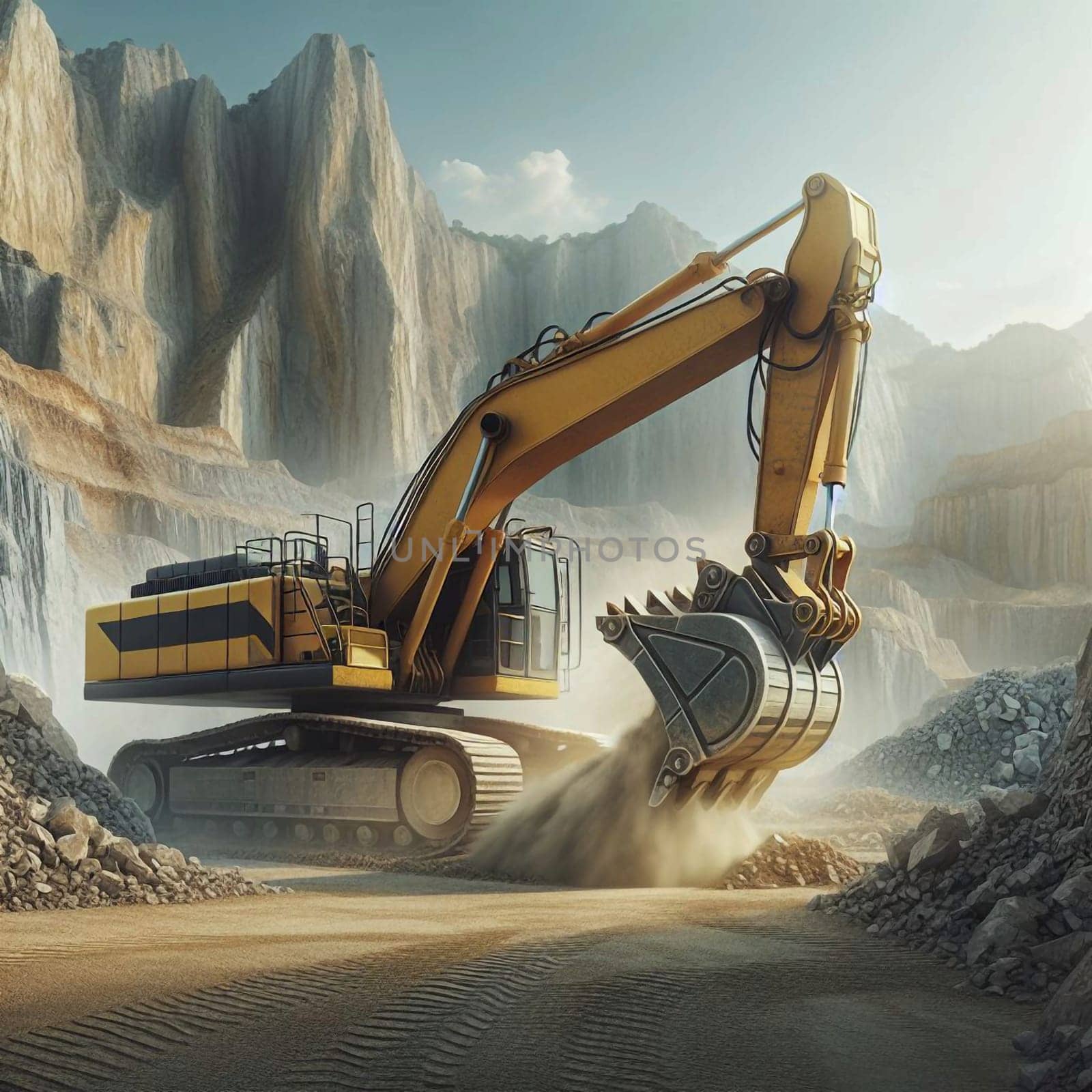 A yellow excavator digging in a quarry. The excavator is shown in action, with dust and debris flying up from its bucket. A high-quality photo.