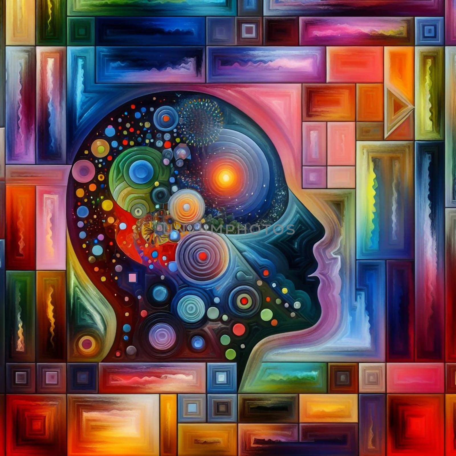 An abstract, colorful artwork depicting a human head in profile, with the interior of the head filled with swirling colors, circles, and stars. A high-quality photo.