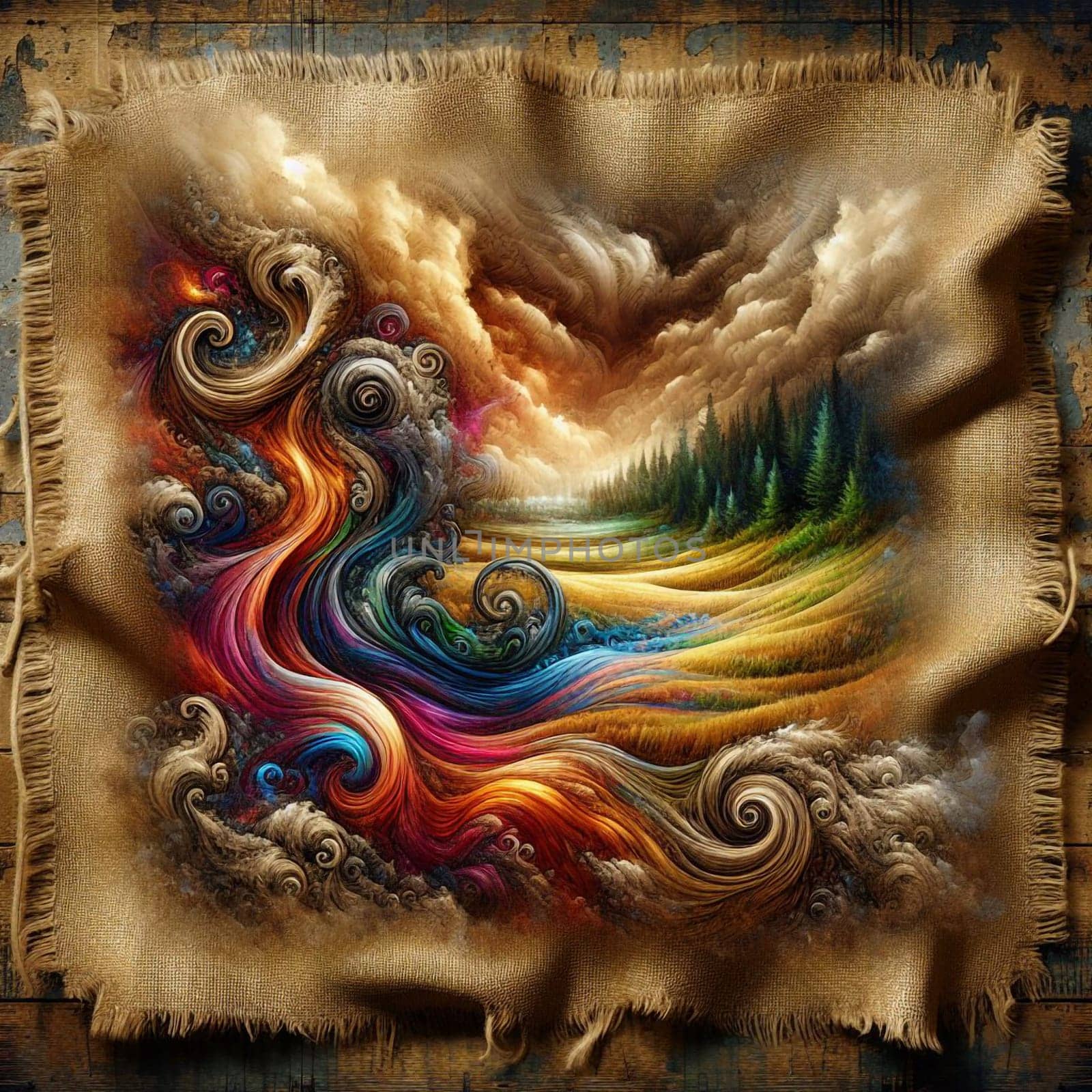 A colorful abstract landscape painted on a piece of burlap. The landscape features swirling clouds, a winding river, and a forest. The colors are bright and vibrant. A high-quality photo.