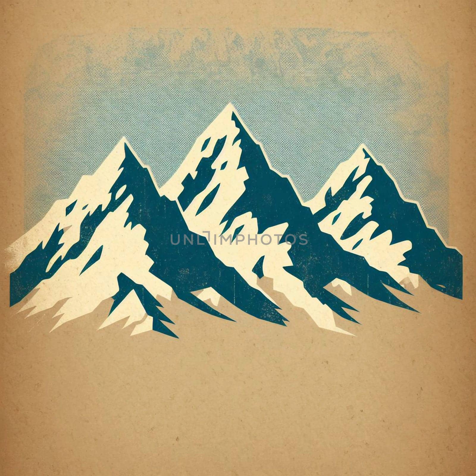 Three mountain peaks rendered in a vintage style with a grunge texture on a beige background. A high-quality photo.