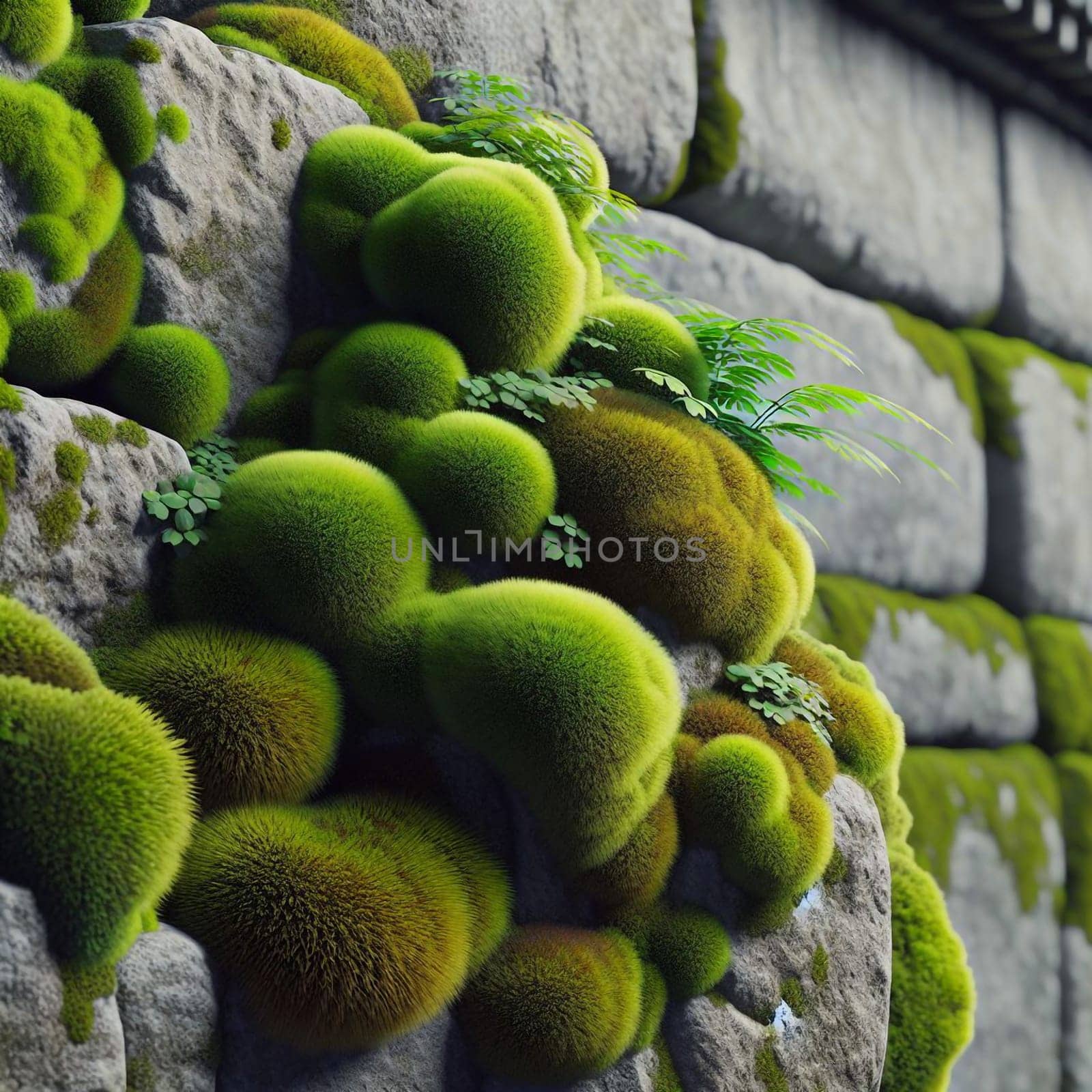 A close-up shot of moss growing on a stone wall. The moss is a vibrant green, and it creates a soft, textured surface. A high-quality photo.