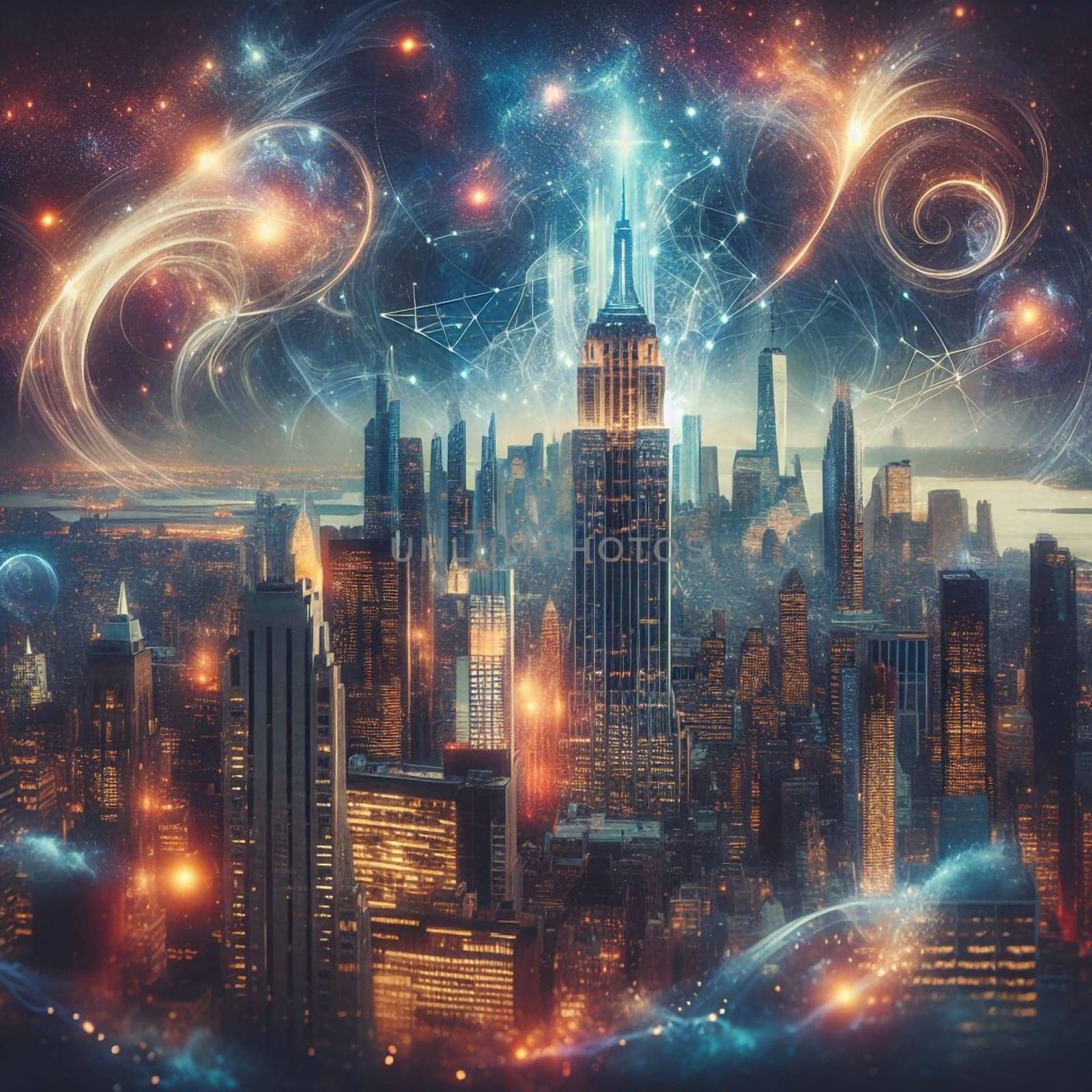 A futuristic cityscape lit by glowing lights, with swirling energy and stars around it. The scene is ethereal and mysterious, with a sense of wonder and possibility. A high-quality photo.