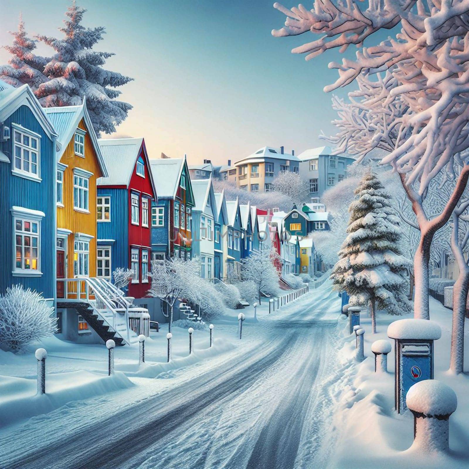 A street in a snowy town with colorful houses. The street is covered in snow, and the trees are covered in snow. The sky is blue, and the sun is shining. A high-quality photo.
