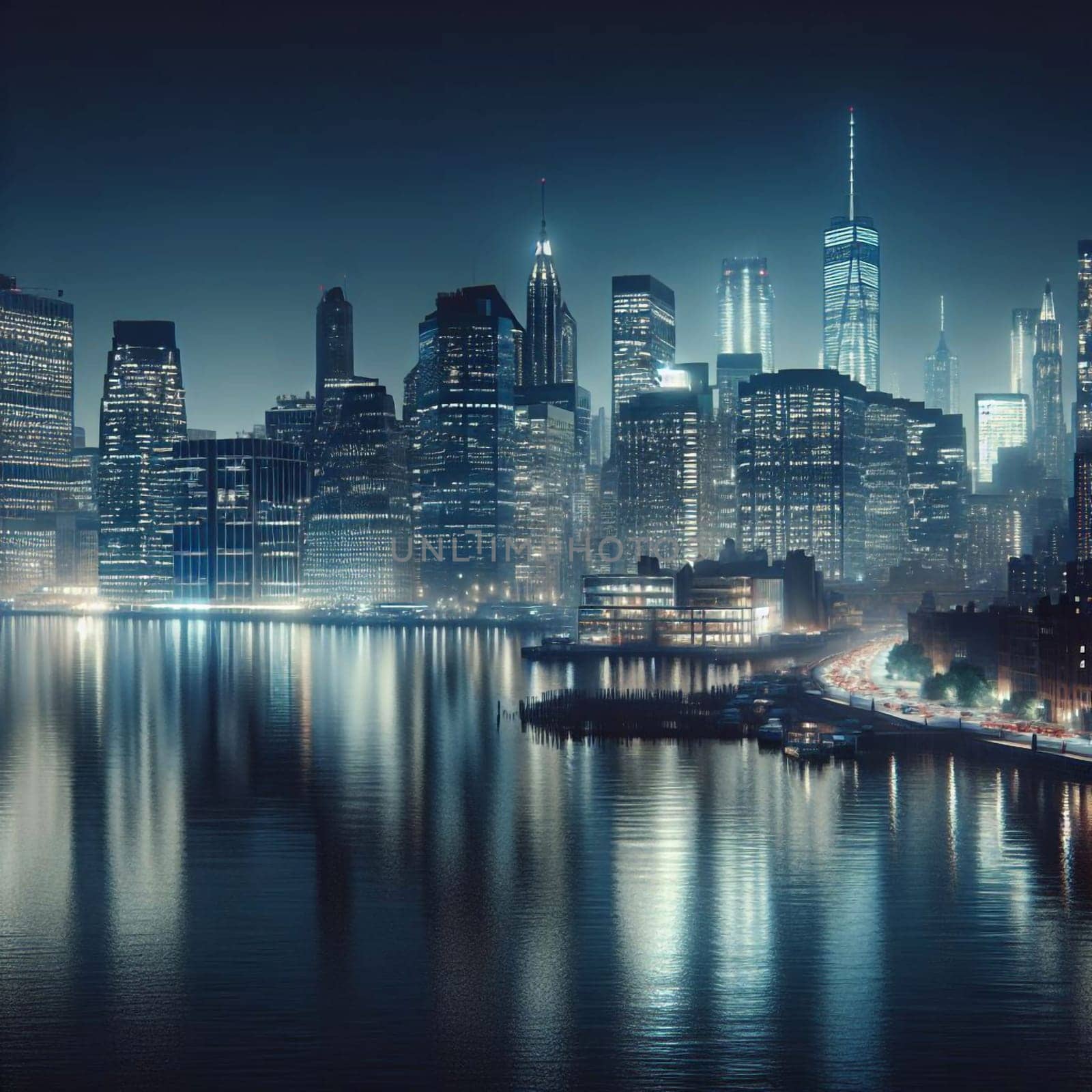A night view of a cityscape with a reflecting water in the foreground. The buildings are lit up, and the city is bustling with life. A high-quality photo.