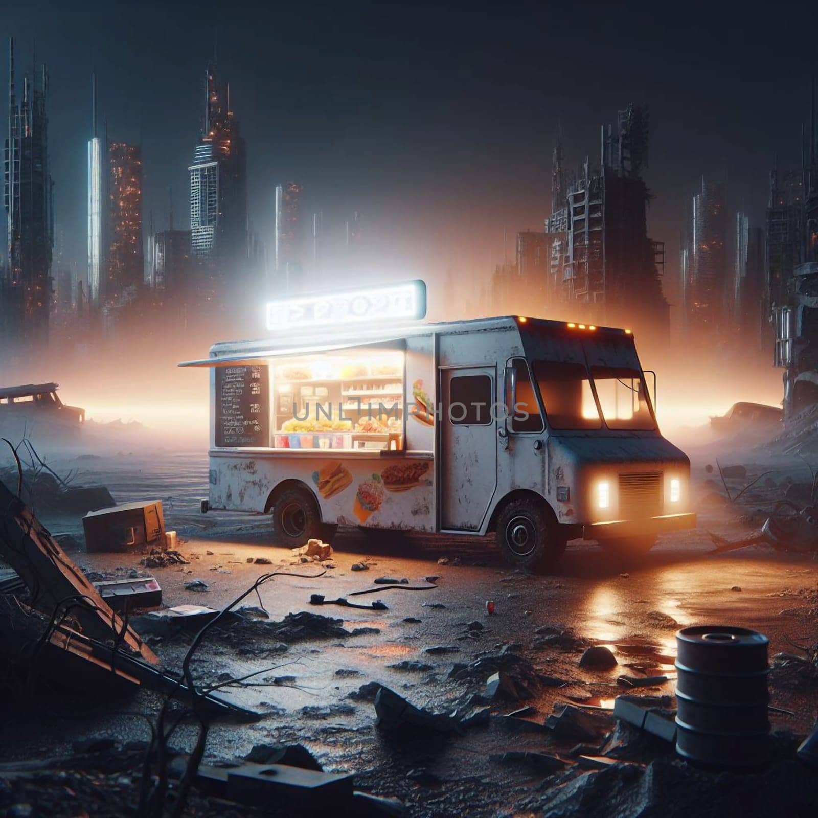 A food truck parked in a desolate, post-apocalyptic cityscape, with glowing lights and abandoned cars scattered around. The scene is a blend of hope and despair. A high-quality photo.