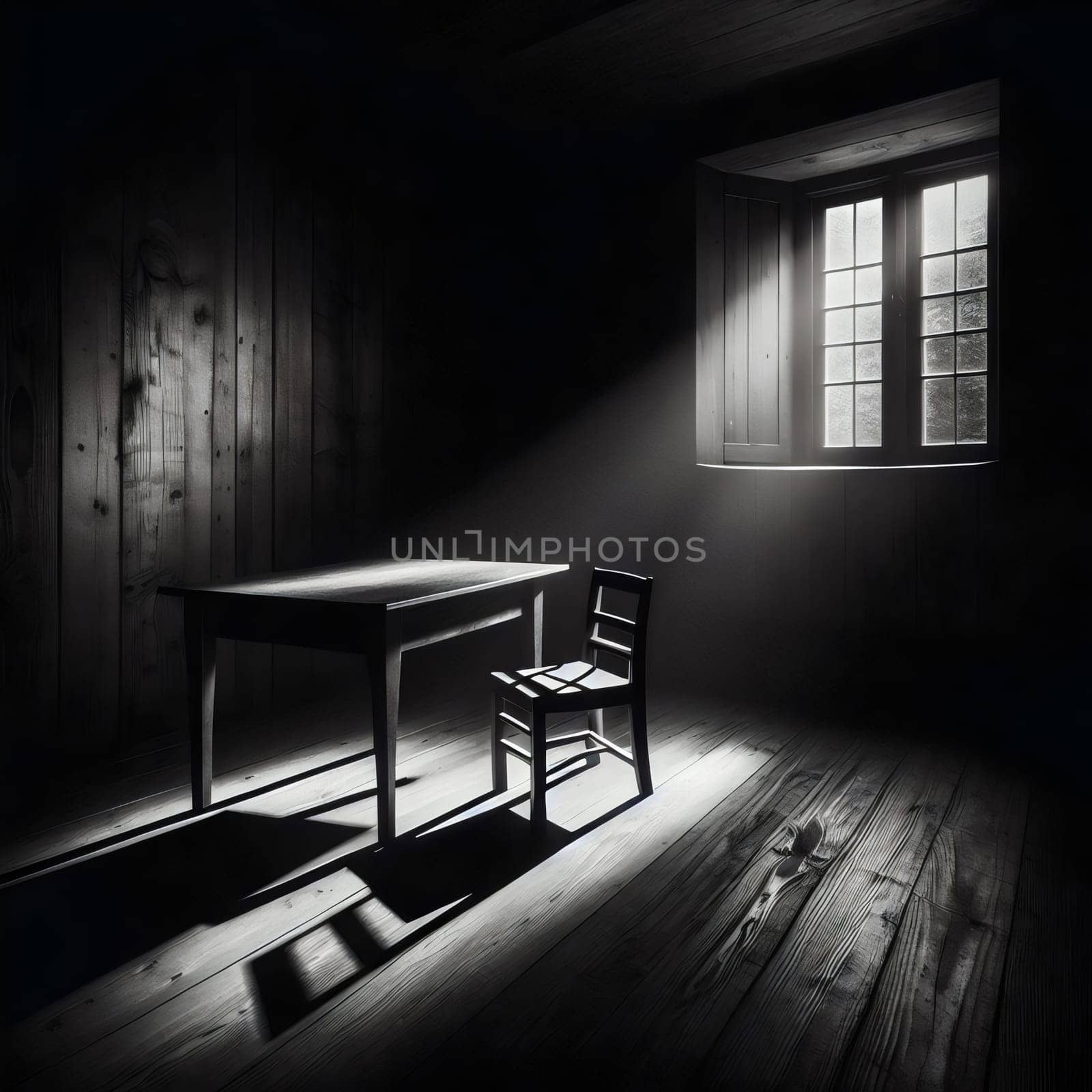 A black and white image of a table and chair in a dark room, illuminated by a ray of sunlight coming through a window. The scene is atmospheric and moody. A high-quality photo.