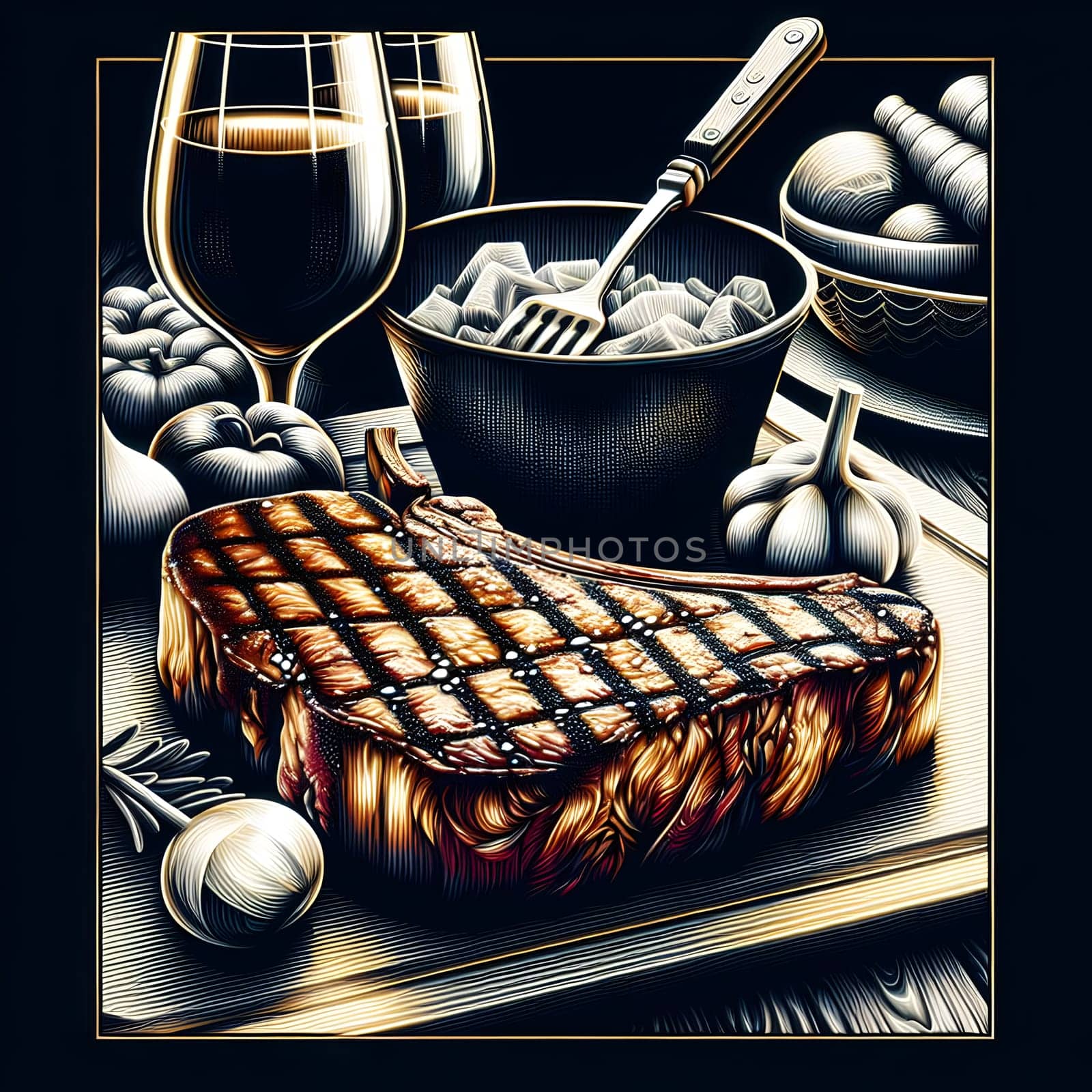 A still life illustration of a grilled steak on a wooden board with wine glasses, ice, garlic, and vegetables. The scene is appetizing and inviting. A high-quality photo.
