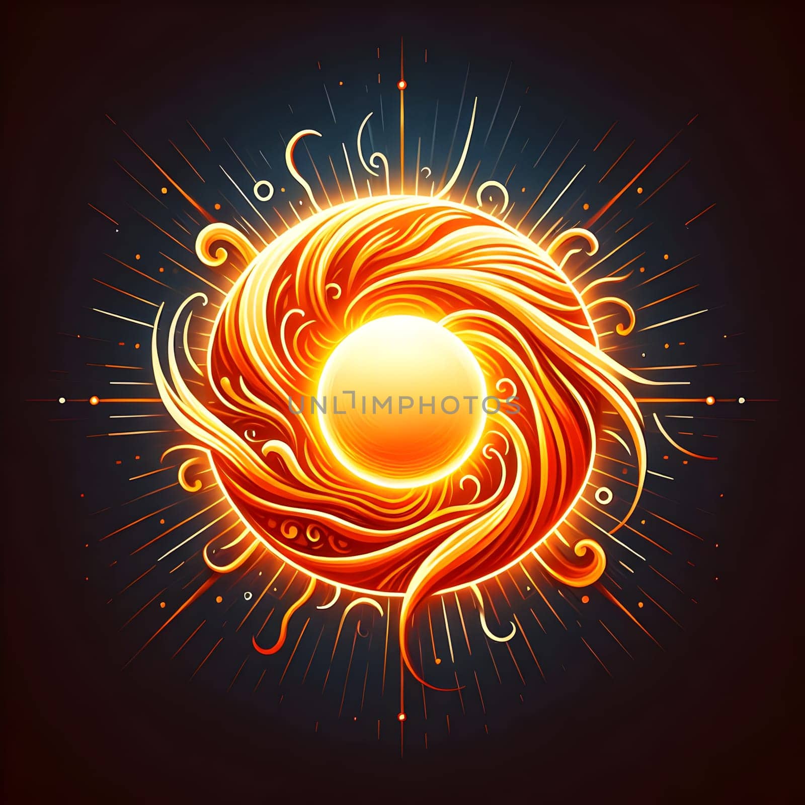 An abstract design of a glowing orange orb surrounded by swirling, golden lines, creating a sense of energy and movement. A high-quality photo.